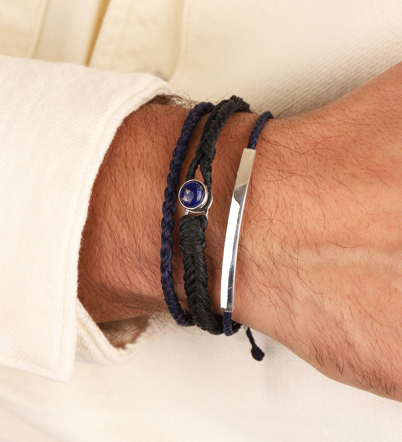 ID Signature Bracelet Sterling Silver, Indigo Waxed Nylon