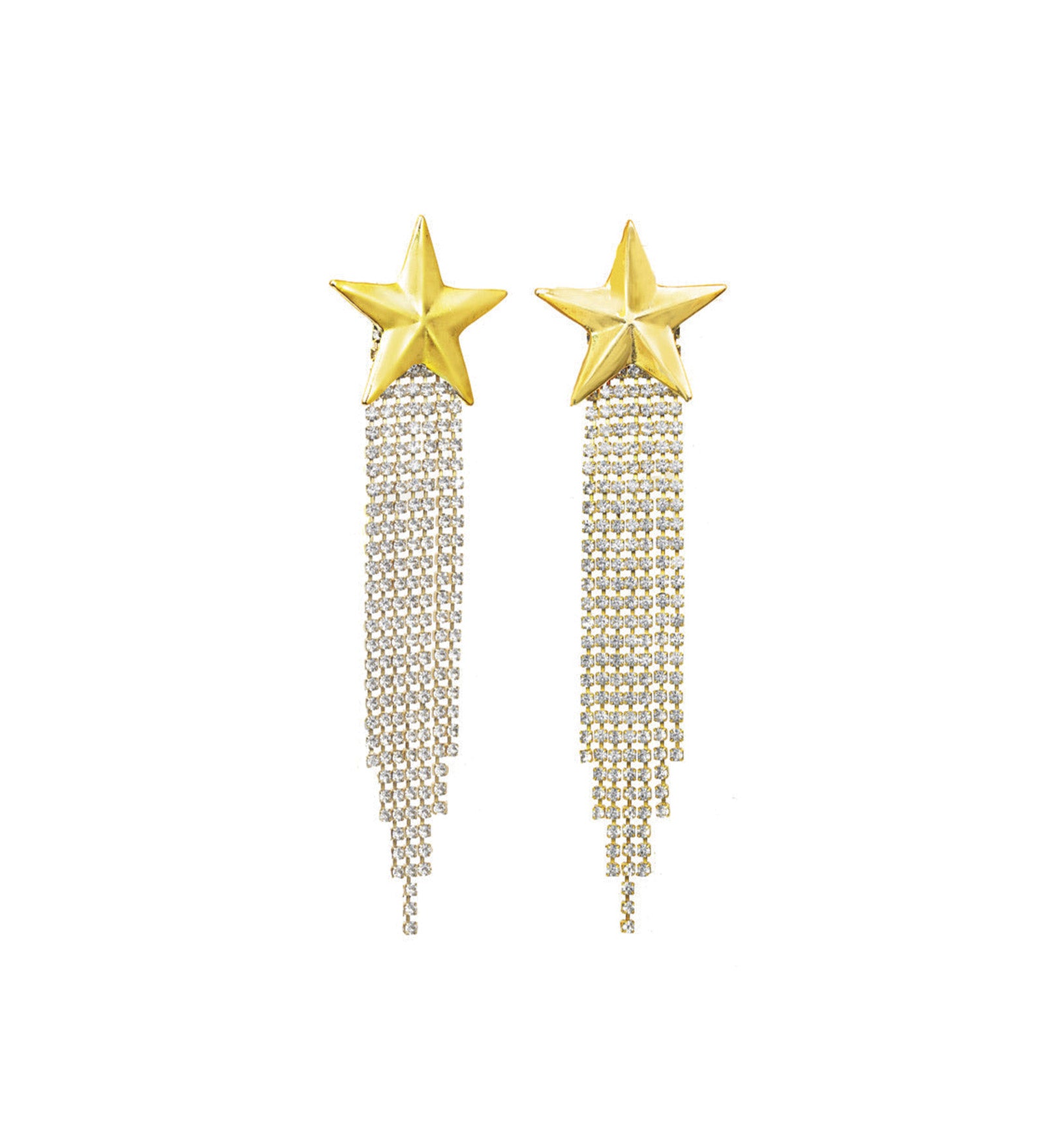 Gold Star Fringe Earrings Gold Plated, White Crystal