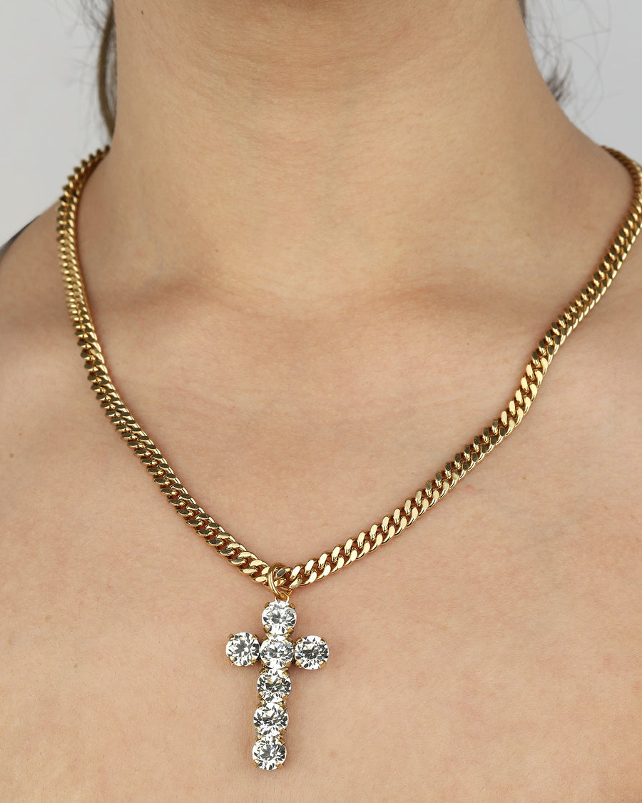TOVA-Cross Necklace-Necklaces-14k Gold Plated, White Crystal-Blue Ruby Jewellery-Vancouver Canada