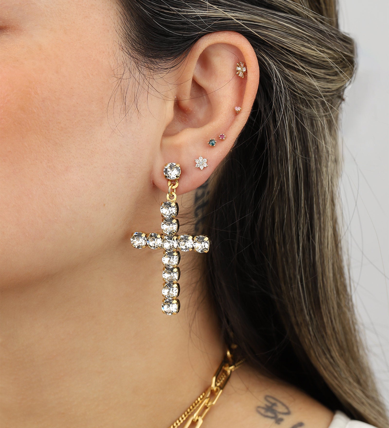 TOVA-Mini Donatella Studs-Earrings-Gold Plated, Clear Crystal-Blue Ruby Jewellery-Vancouver Canada