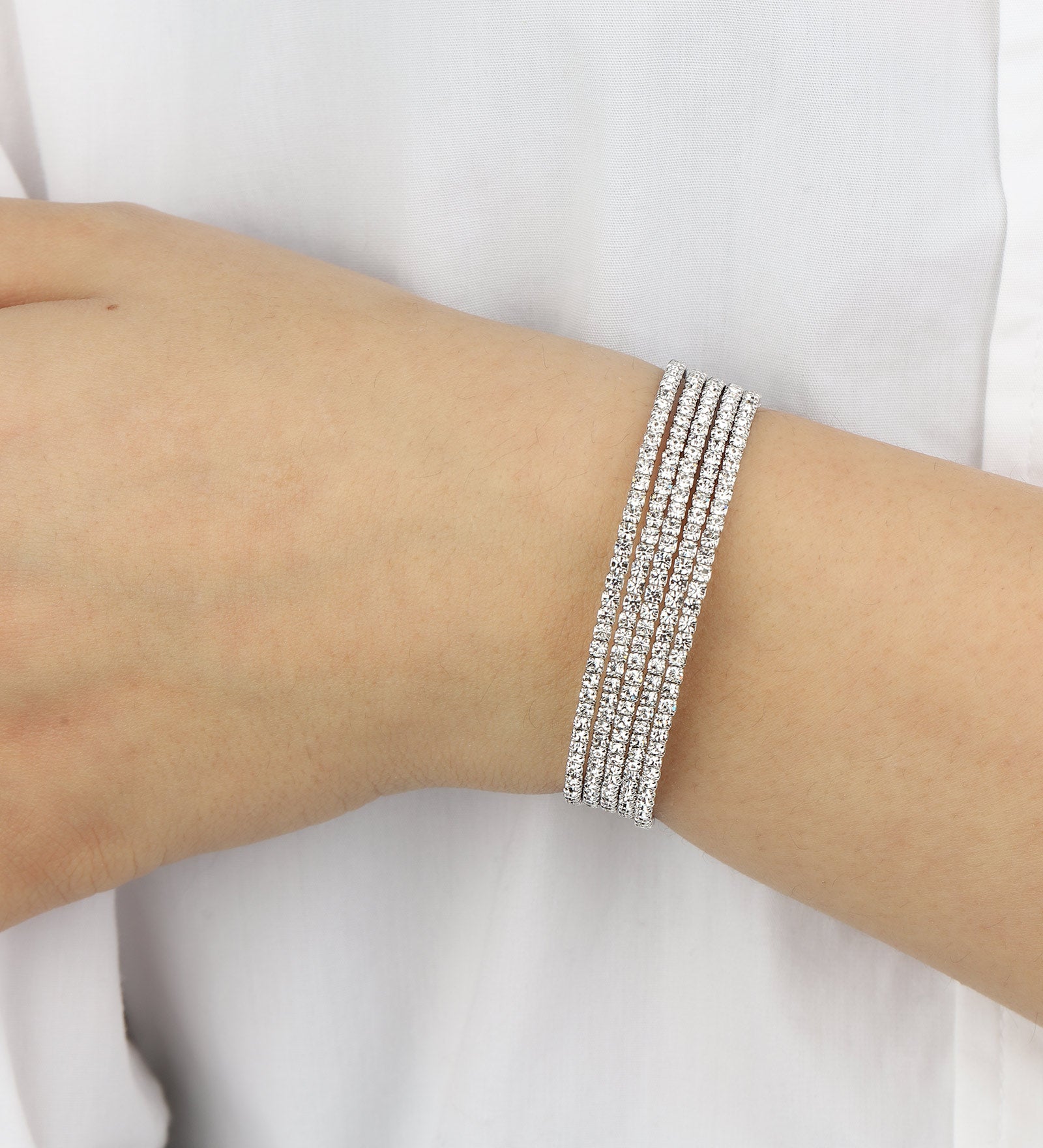 5 Row Crystal  Wrap Cuff Silver Tone, White Crystal