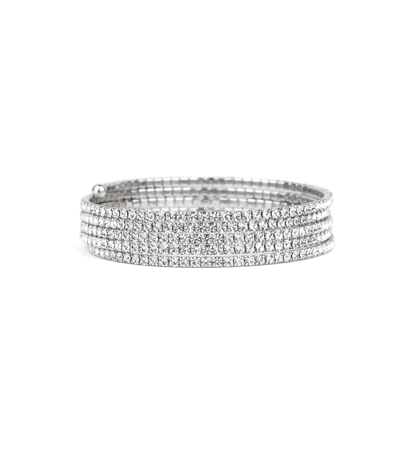 5 Row Crystal  Wrap Cuff Silver Tone, White Crystal