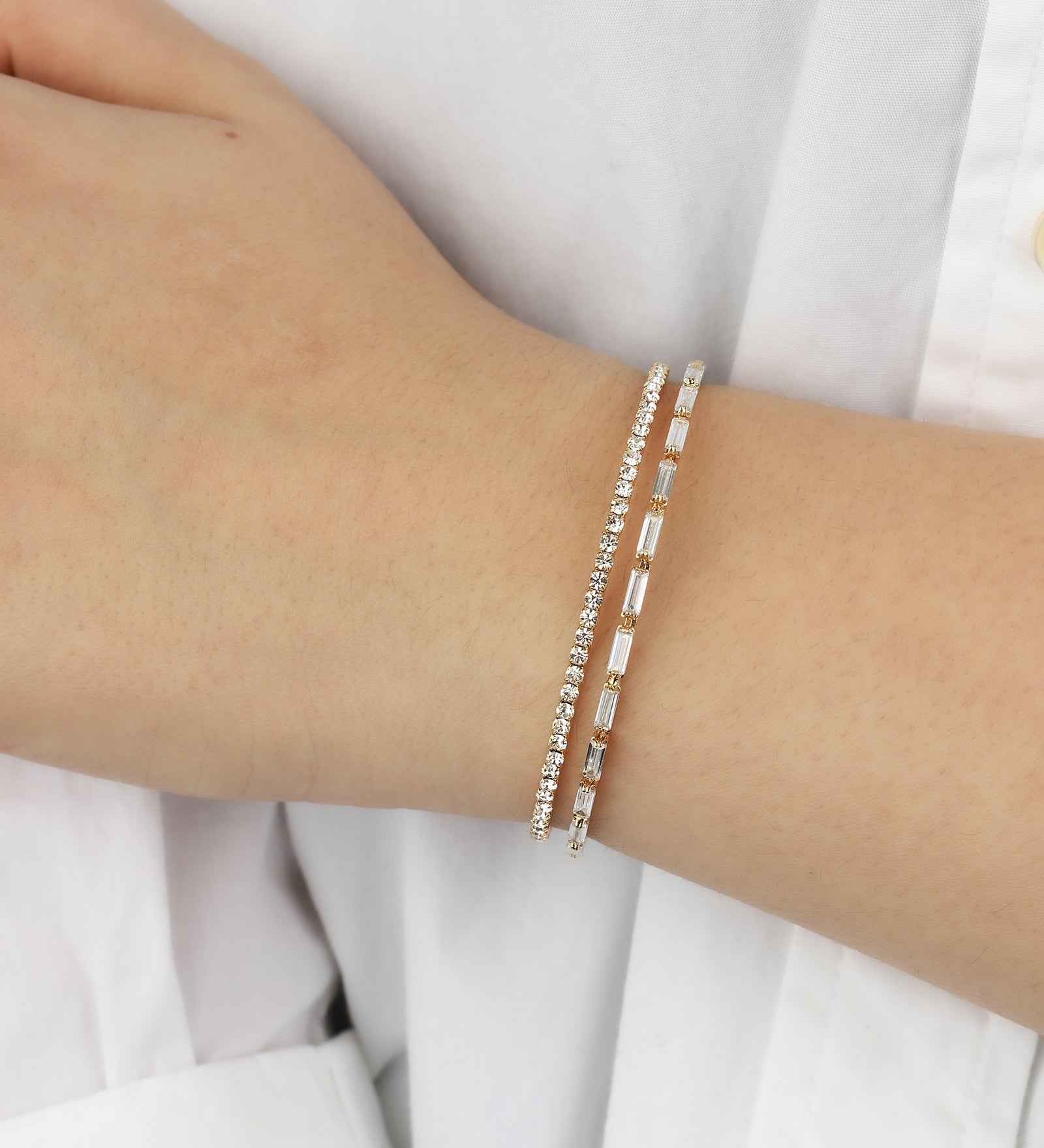 2 Row Crystal & CZ Baguette Cuff Gold Tone, White Crystal