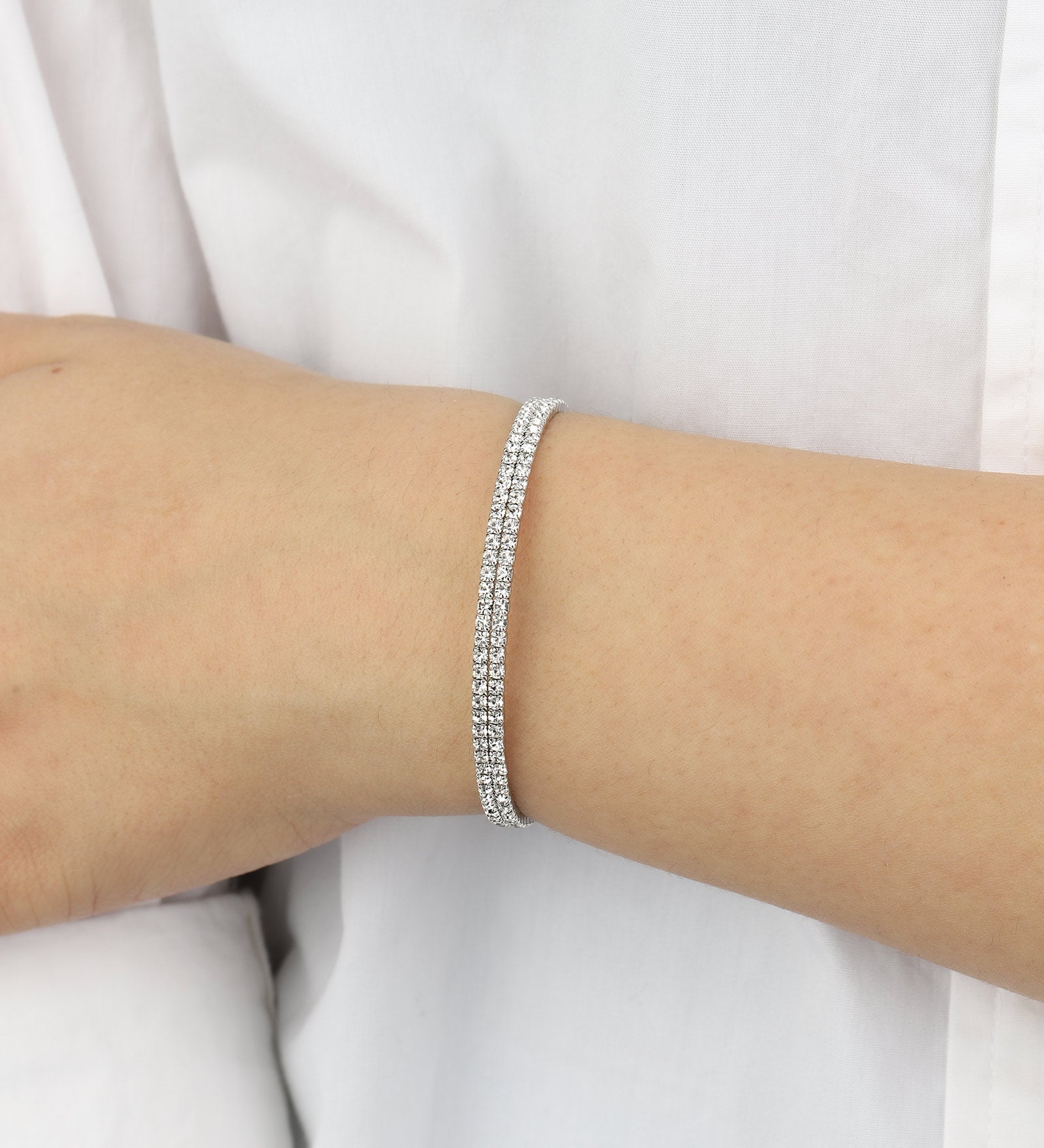 2 Row Crystal  Wrap Cuff Silver Tone, White Crystal