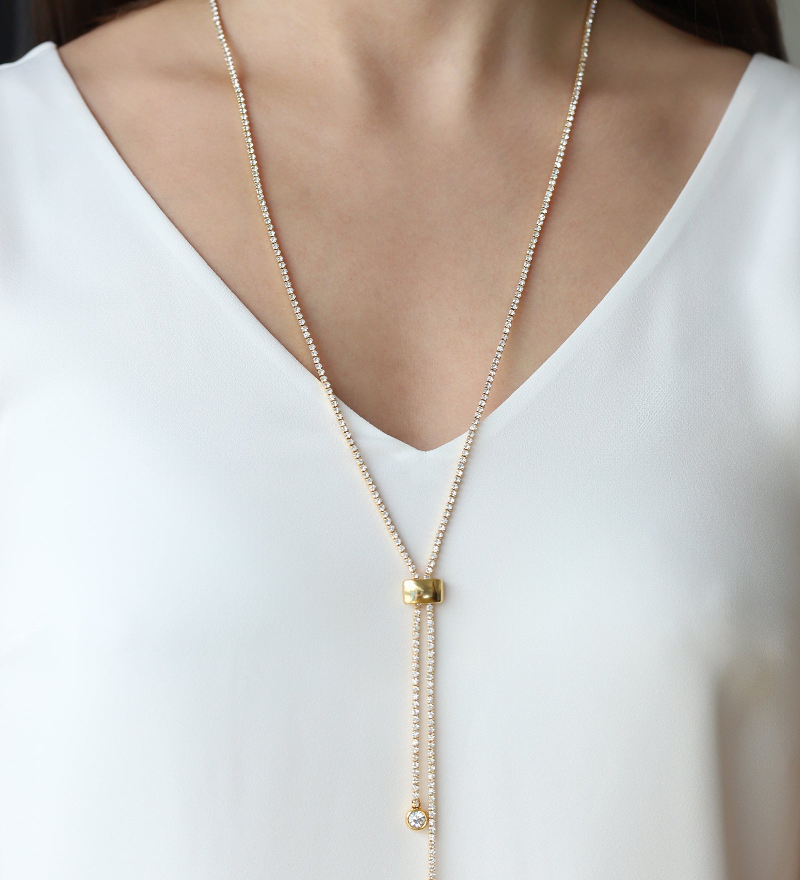 1 Row Crystal Slider Lariat Gold Plated, White Crystal