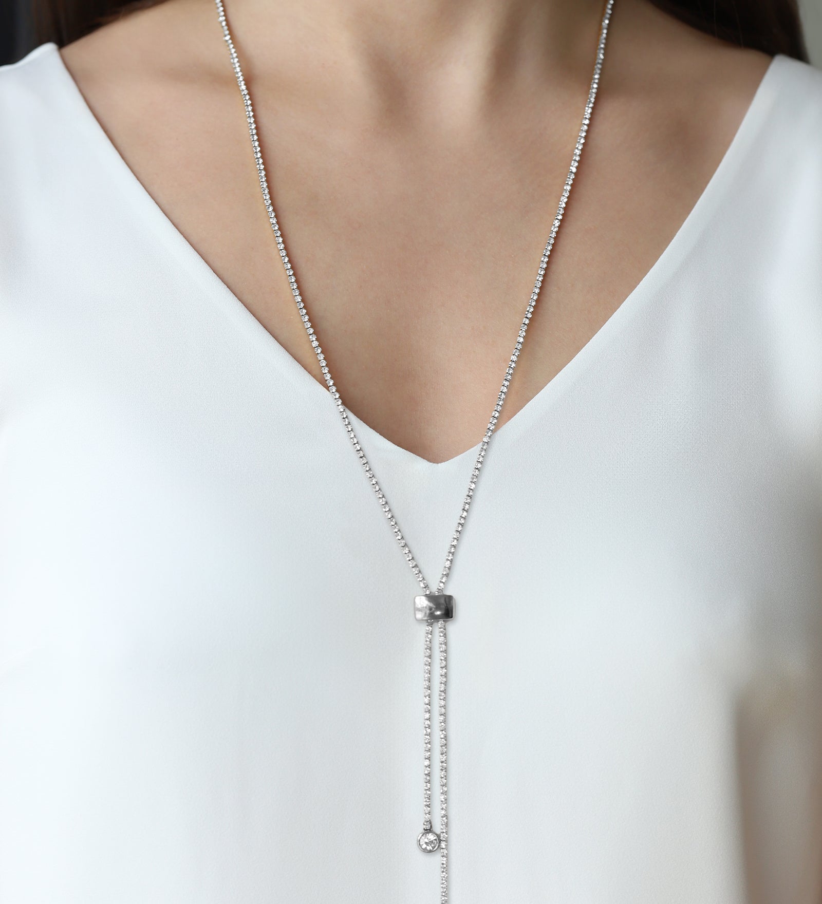 1 Row Crystal Slider Lariat Silver Plated, White Crystal