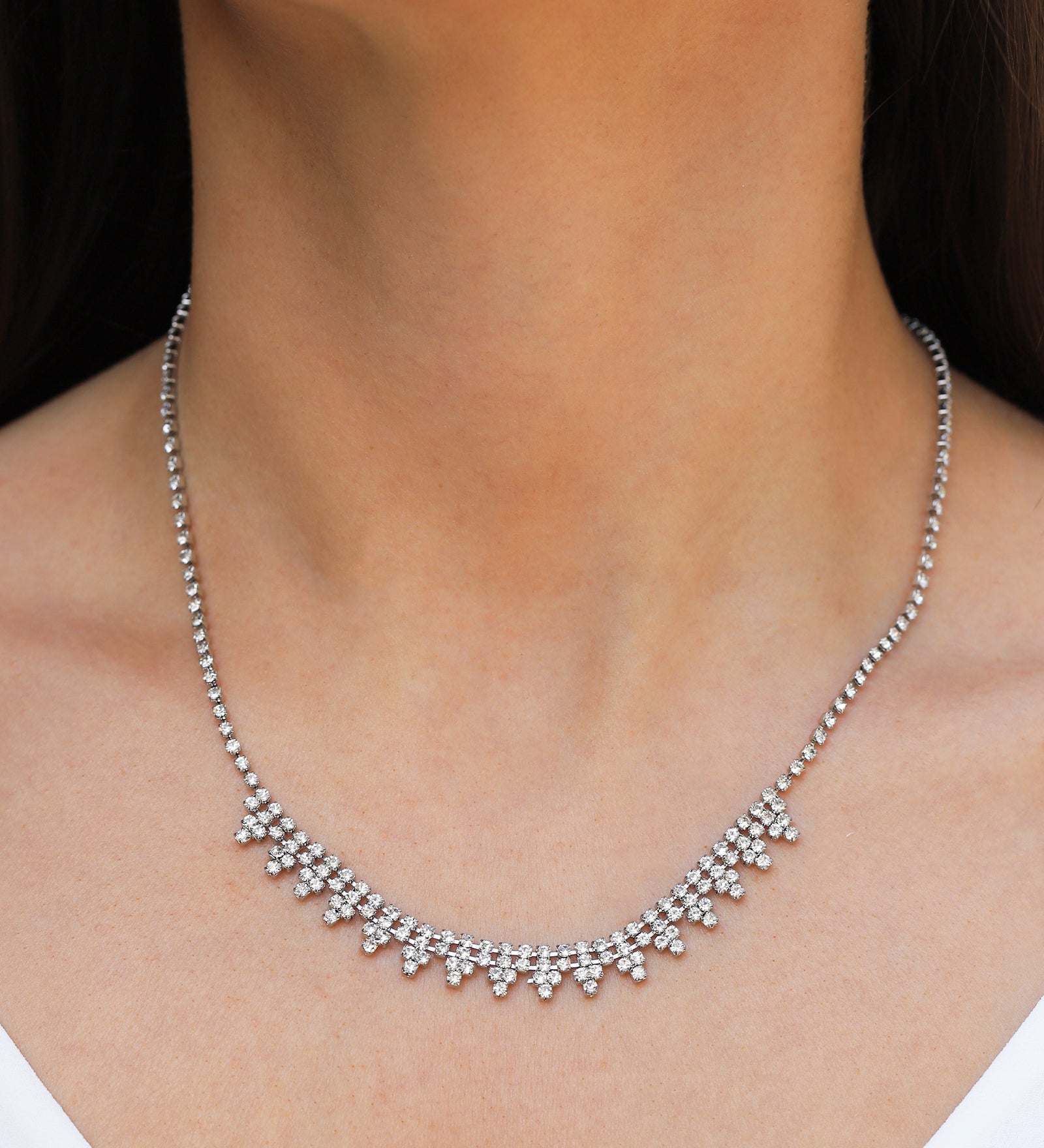 Crystal Cluster Pyramid Necklace Silver Plated, White Crystal