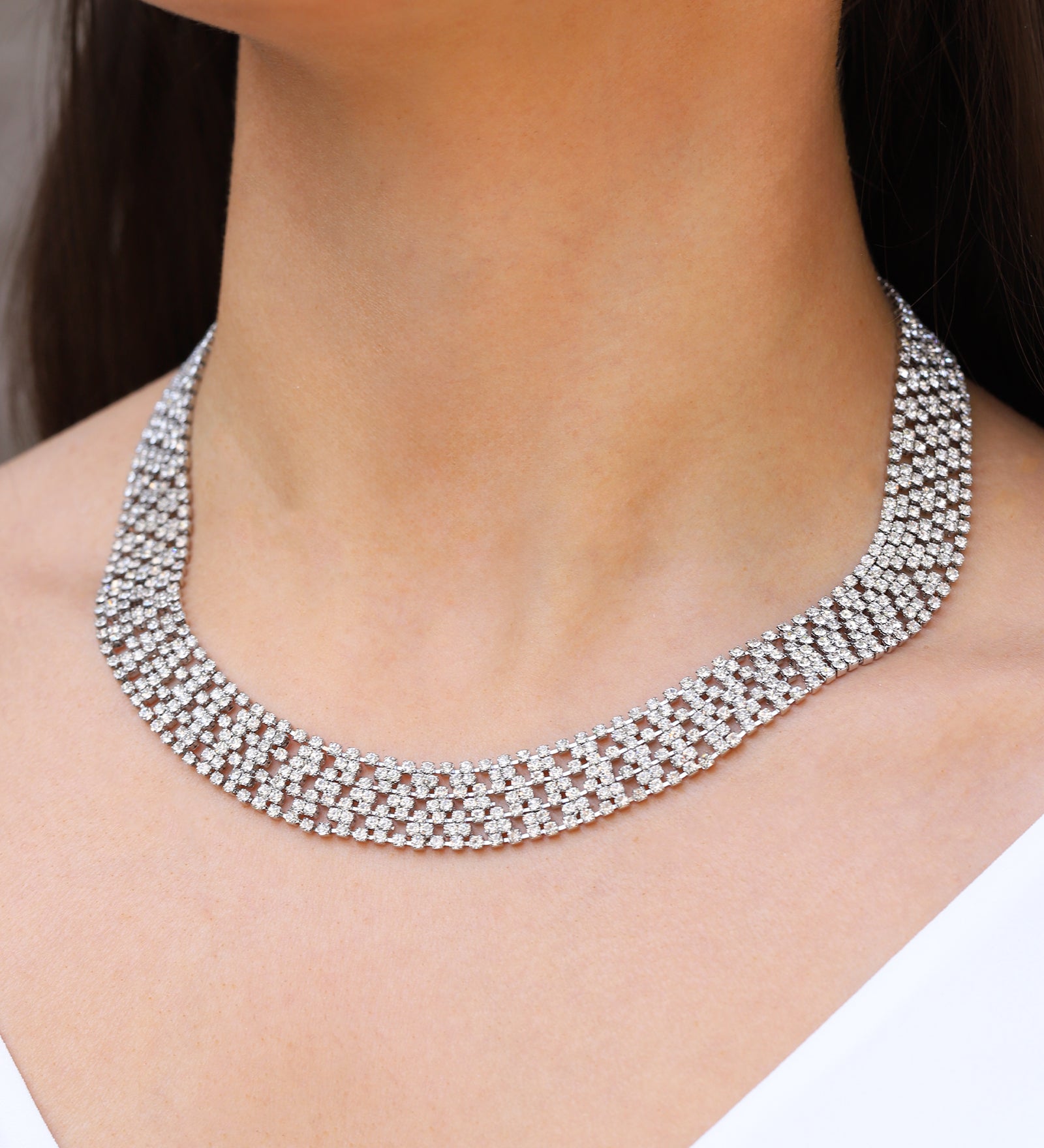 Wide Crystal Mesh Necklace Silver Plated, White Crystal