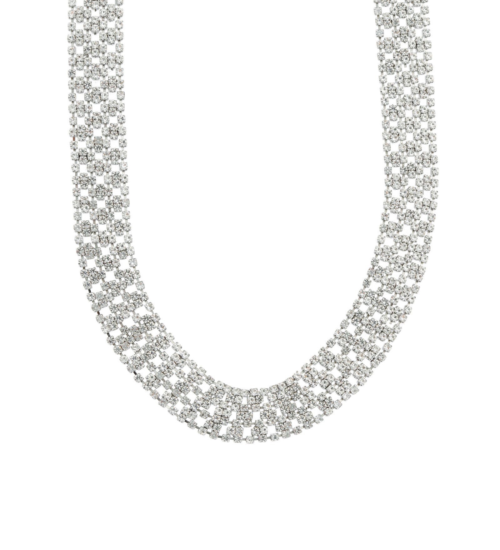 Wide Crystal Mesh Necklace Silver Plated, White Crystal