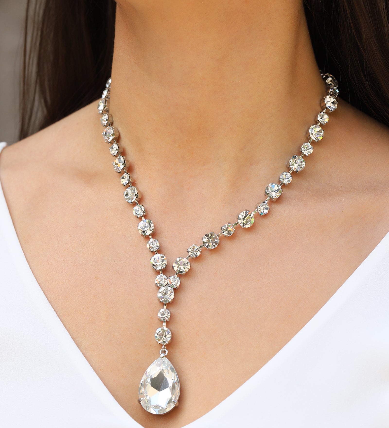 Crystal Teardrop Lariat Necklace Silver Plated, White Crystal