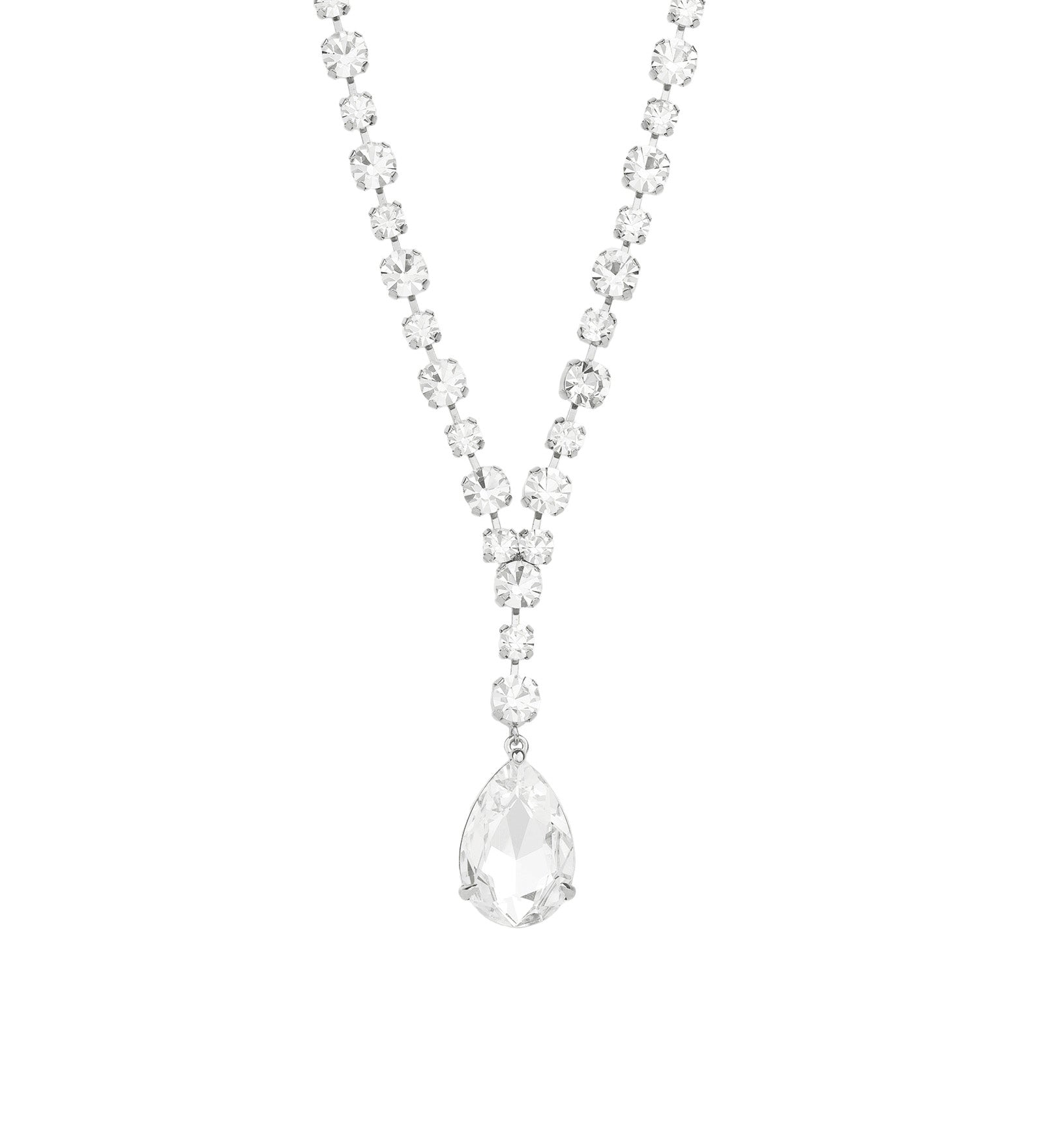 Crystal Teardrop Lariat Necklace Silver Plated, White Crystal