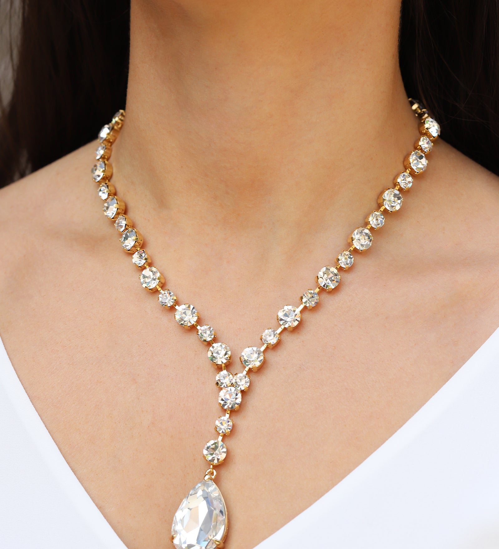 Crystal Teardrop Lariat Necklace Gold Plated, White Crystal