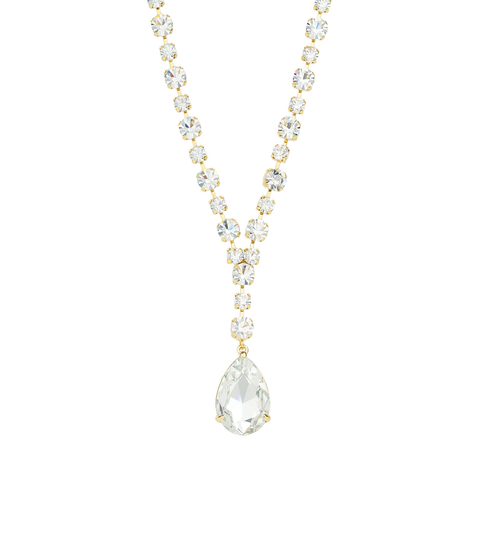 Crystal Teardrop Lariat Necklace Gold Plated, White Crystal