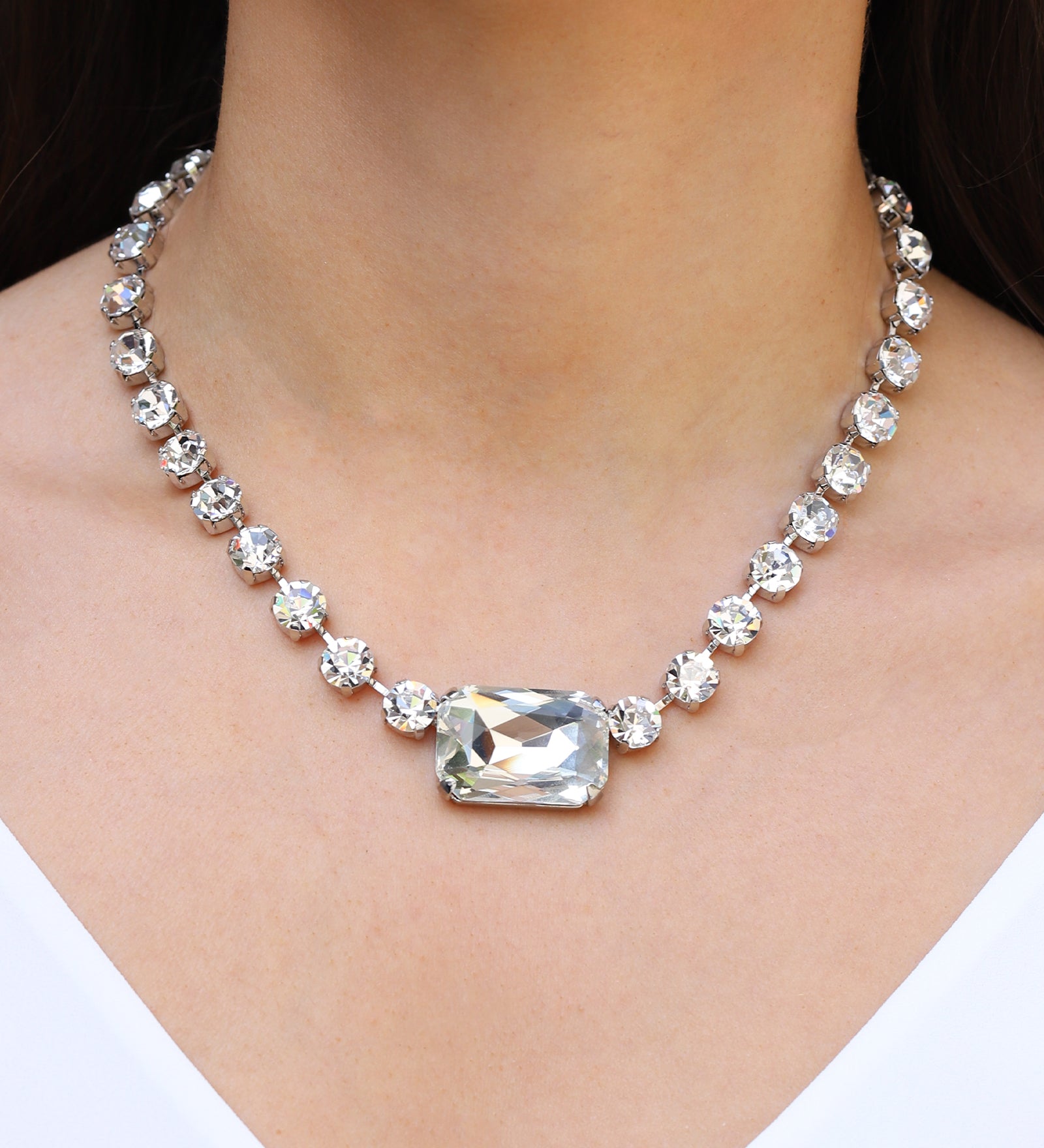 Emerald & Round Cut Crystal Necklace Silver Plated, White Crystal