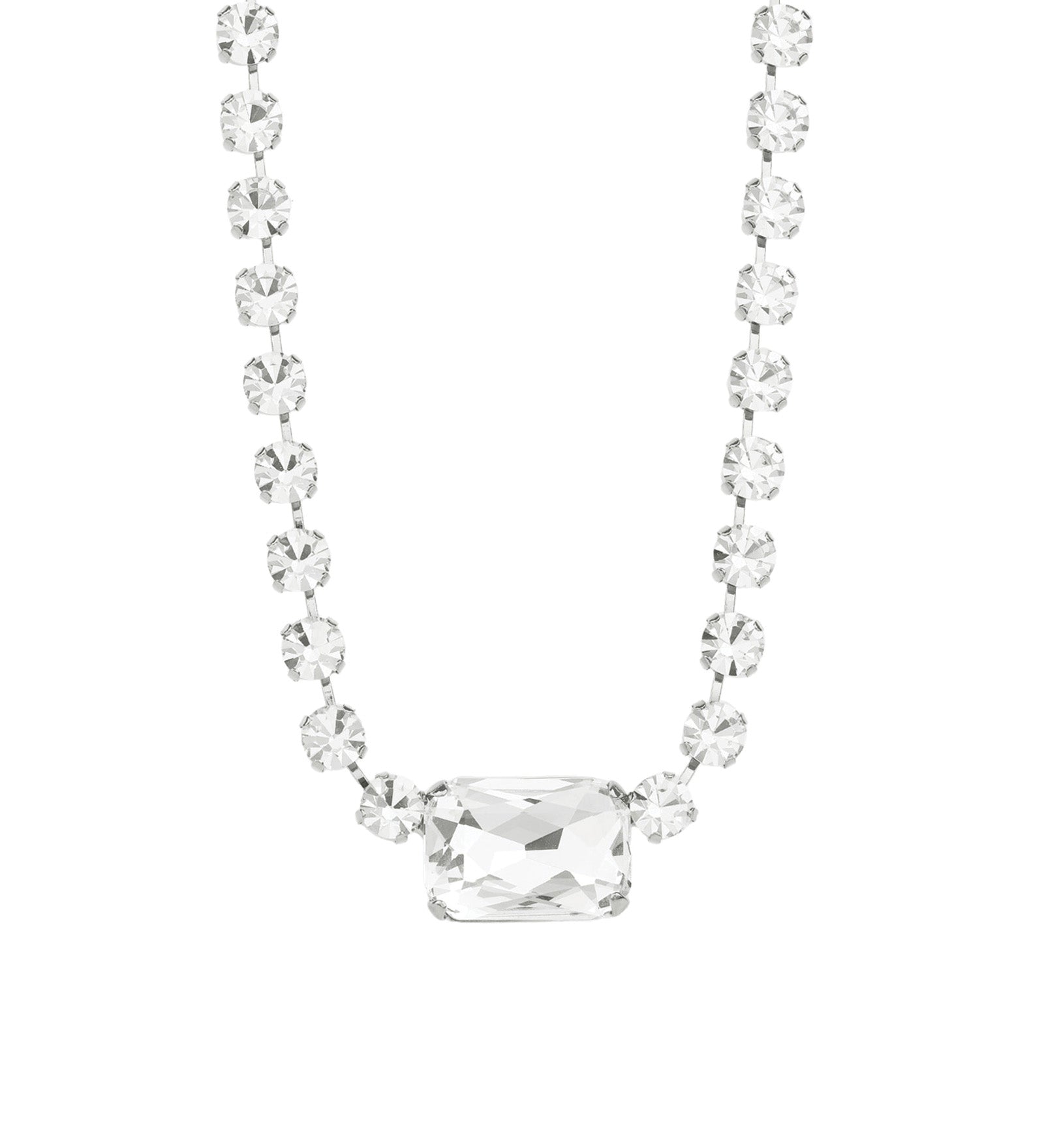 Emerald & Round Cut Crystal Necklace Silver Plated, White Crystal