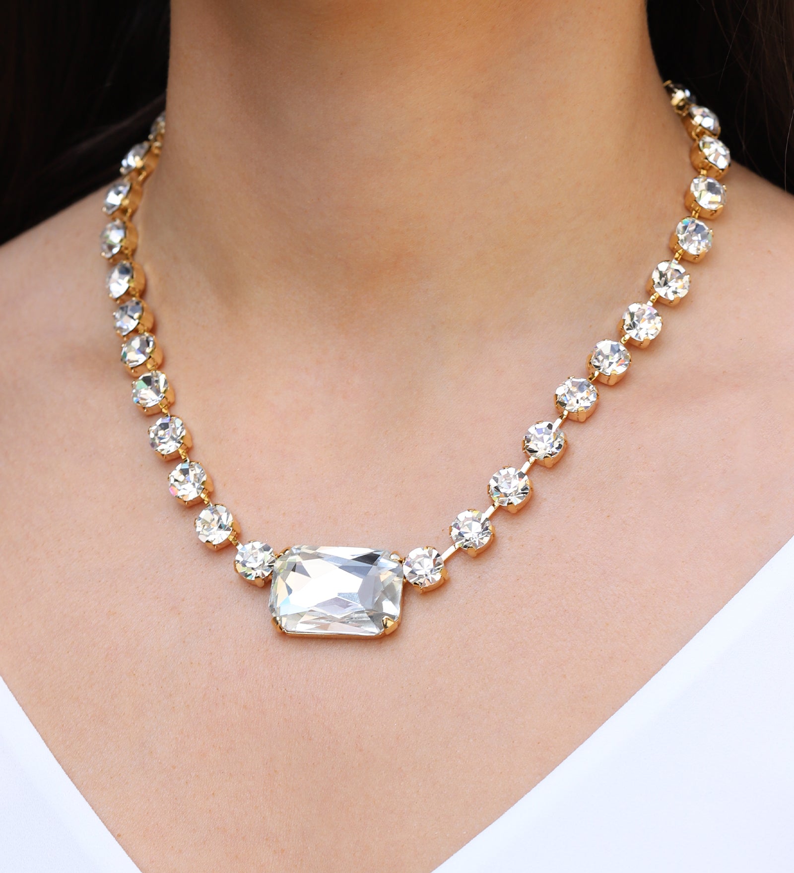 Emerald & Round Cut Crystal Necklace Gold Plated, White Crystal