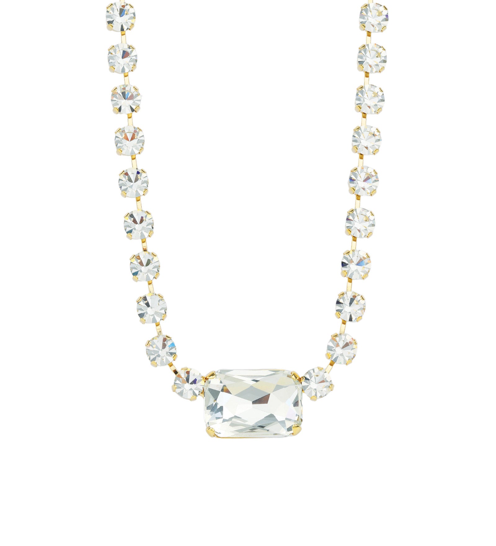 Emerald & Round Cut Crystal Necklace Gold Plated, White Crystal