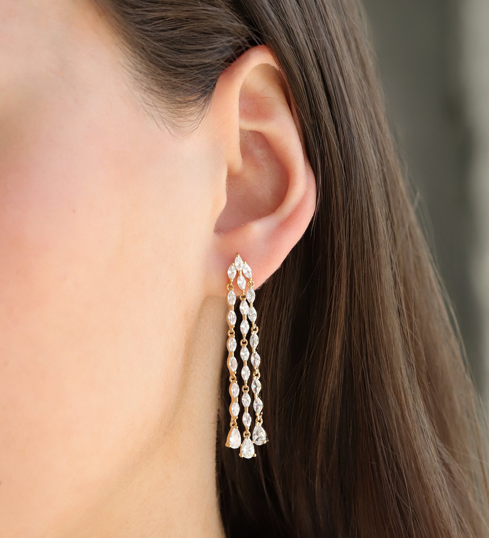 3 Row Marquise Drop Earrings Gold Plated, White Crystal