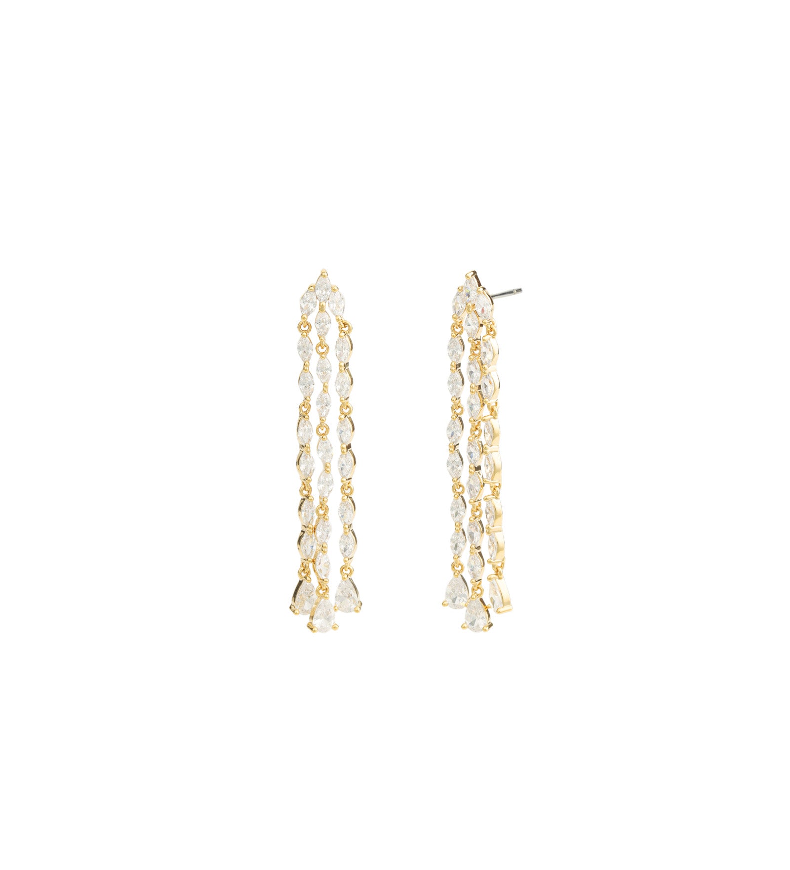 3 Row Marquise Drop Earrings Gold Plated, White Crystal