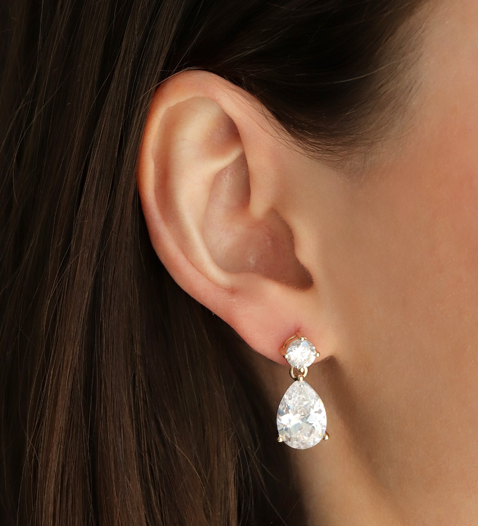 Large Round + Teardrop  Earrings Gold Plated, White Crystal