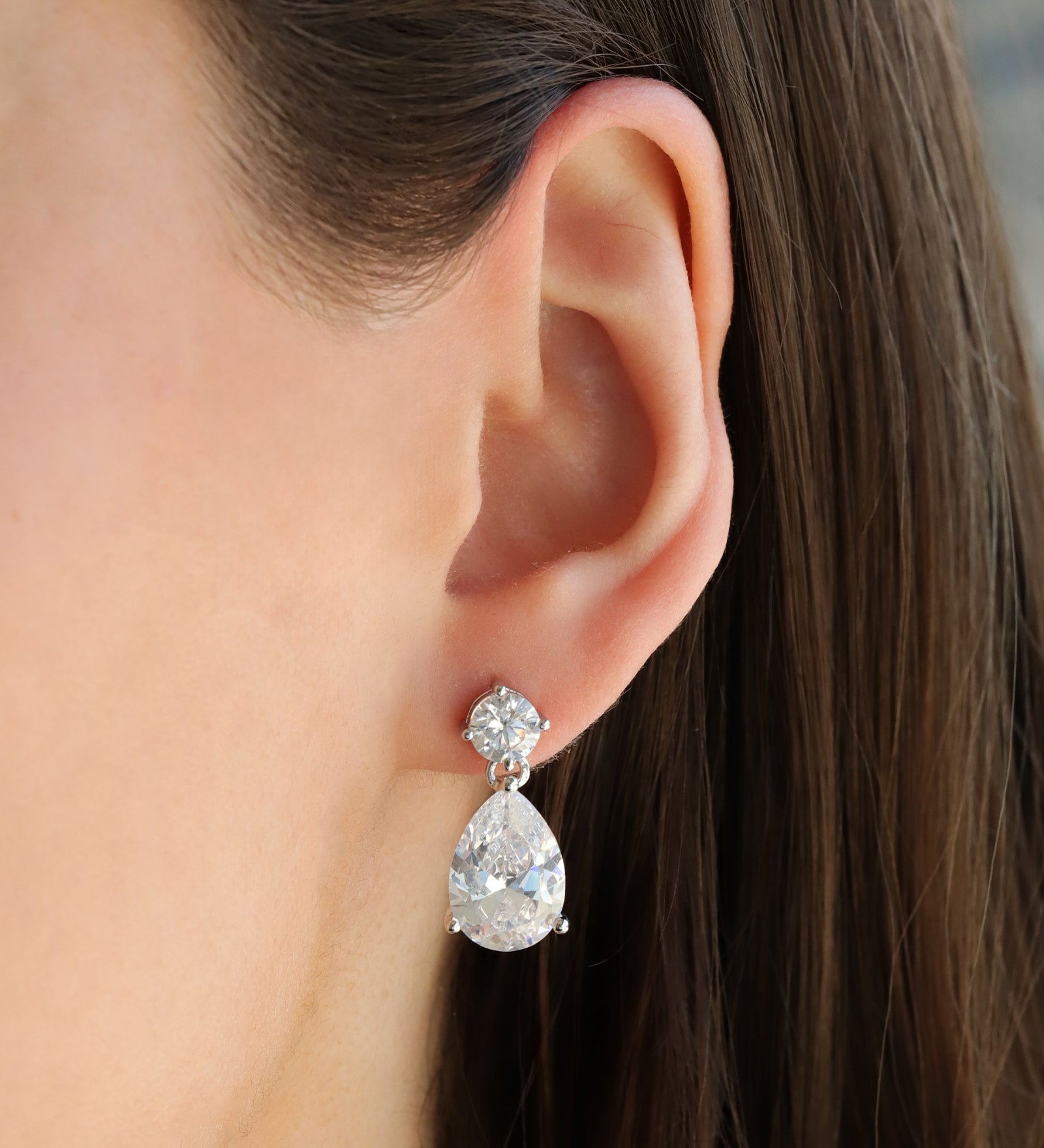 Large Round + Teardrop  Earrings Silver Plated, White Crystal