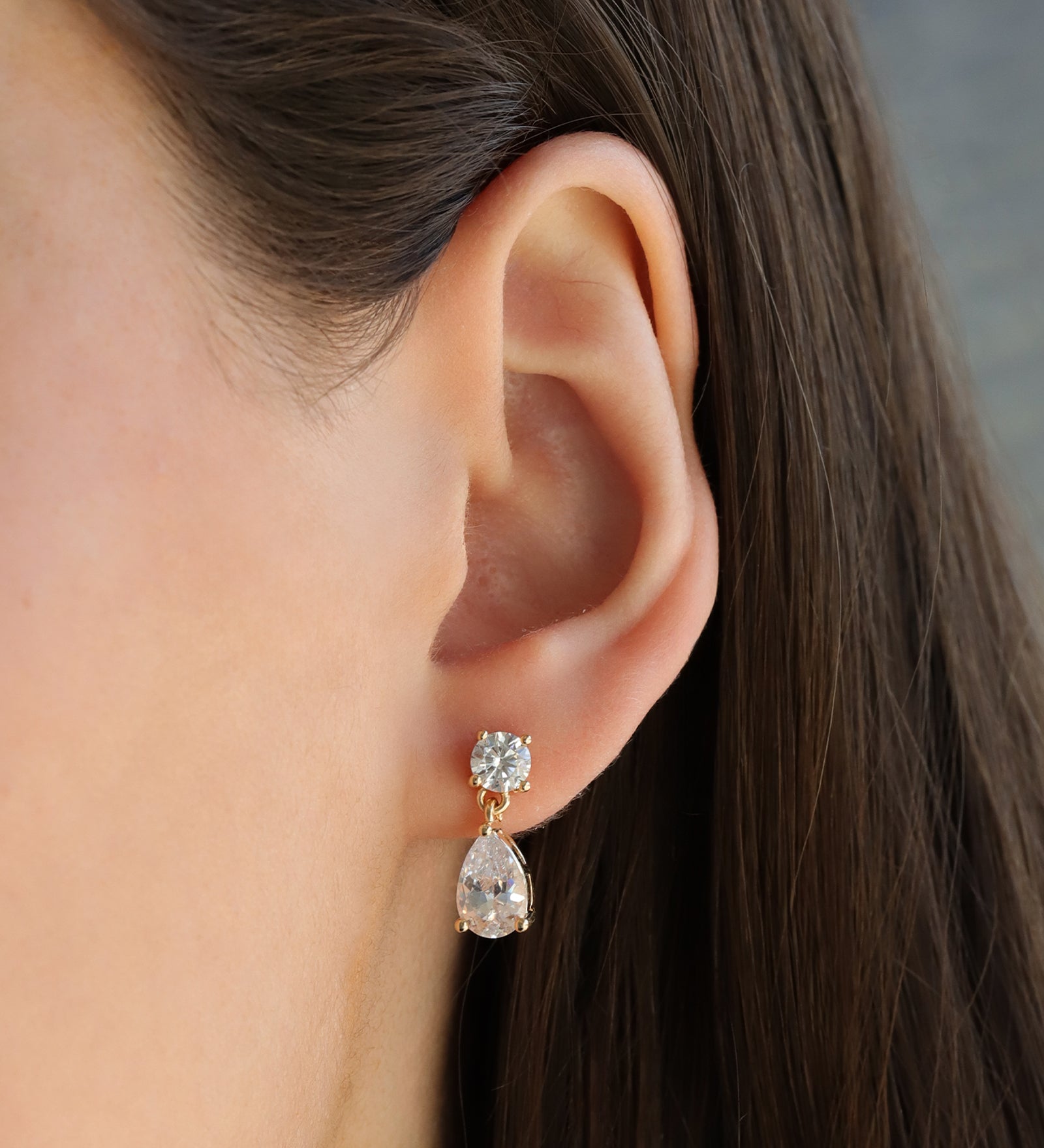 Small Round + Teardrop  Earrings Gold Plated, White Crystal