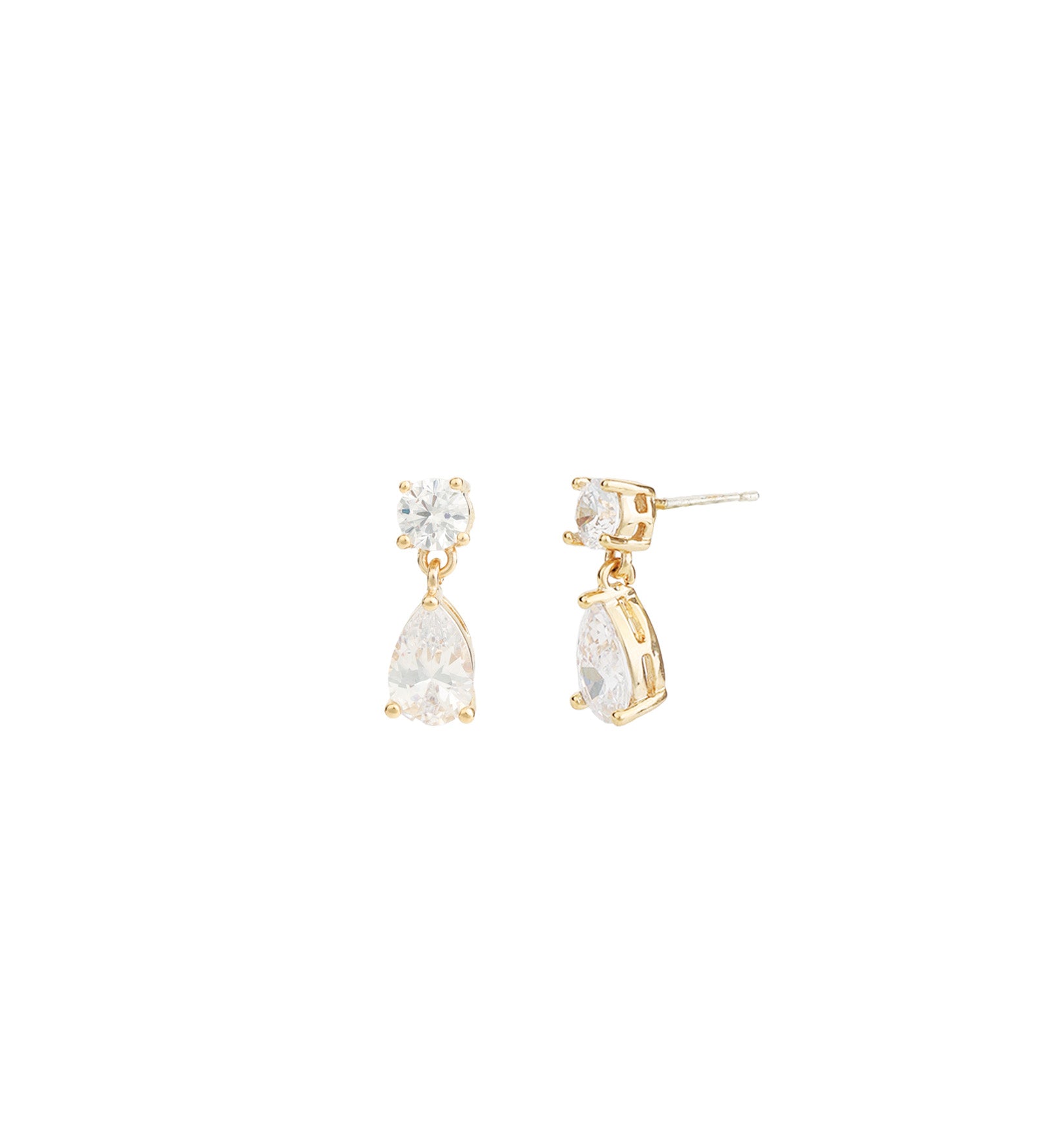 Small Round + Teardrop  Earrings Gold Plated, White Crystal