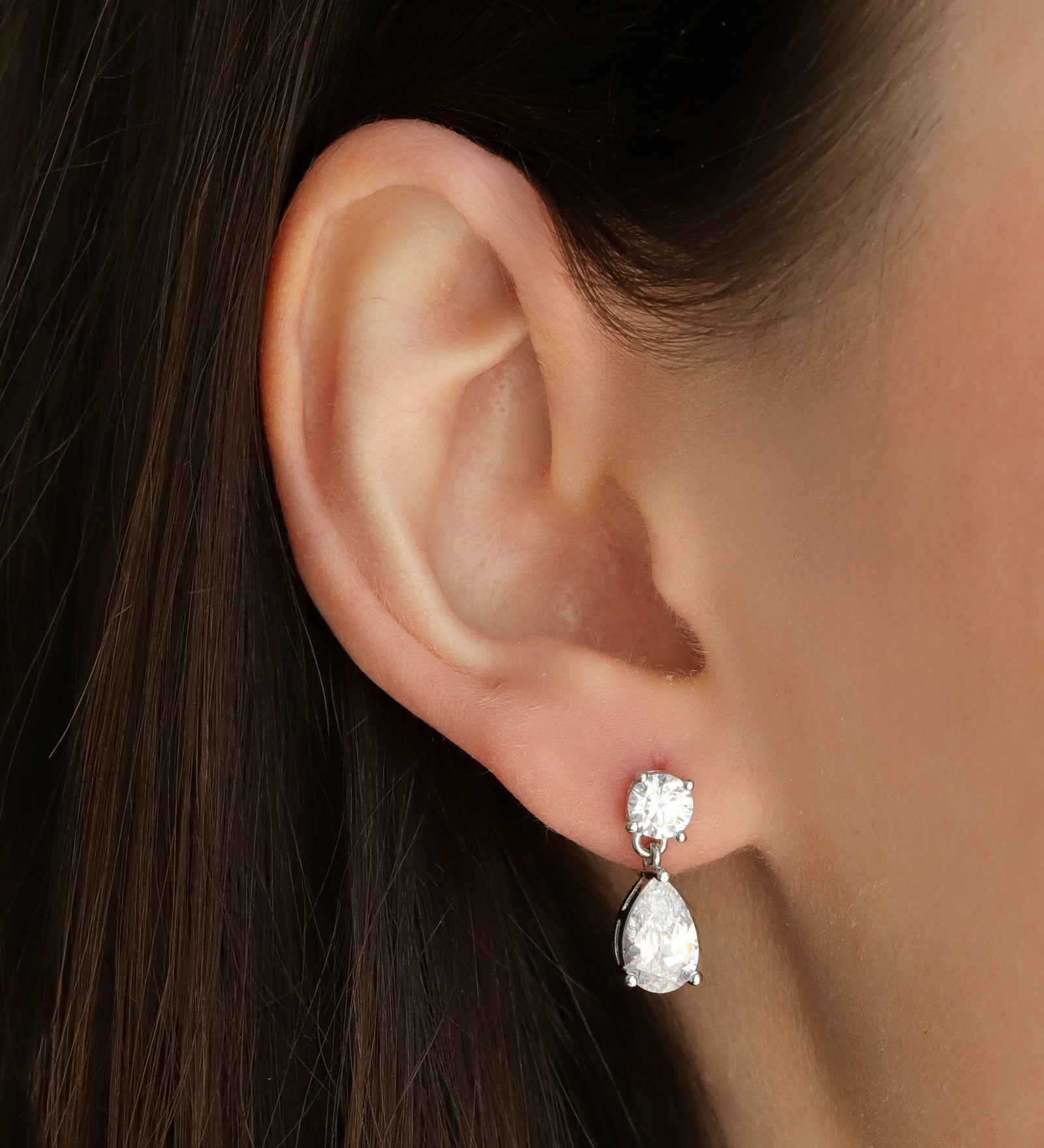 Small Round + Teardrop  Earrings Silver Plated, White Crystal