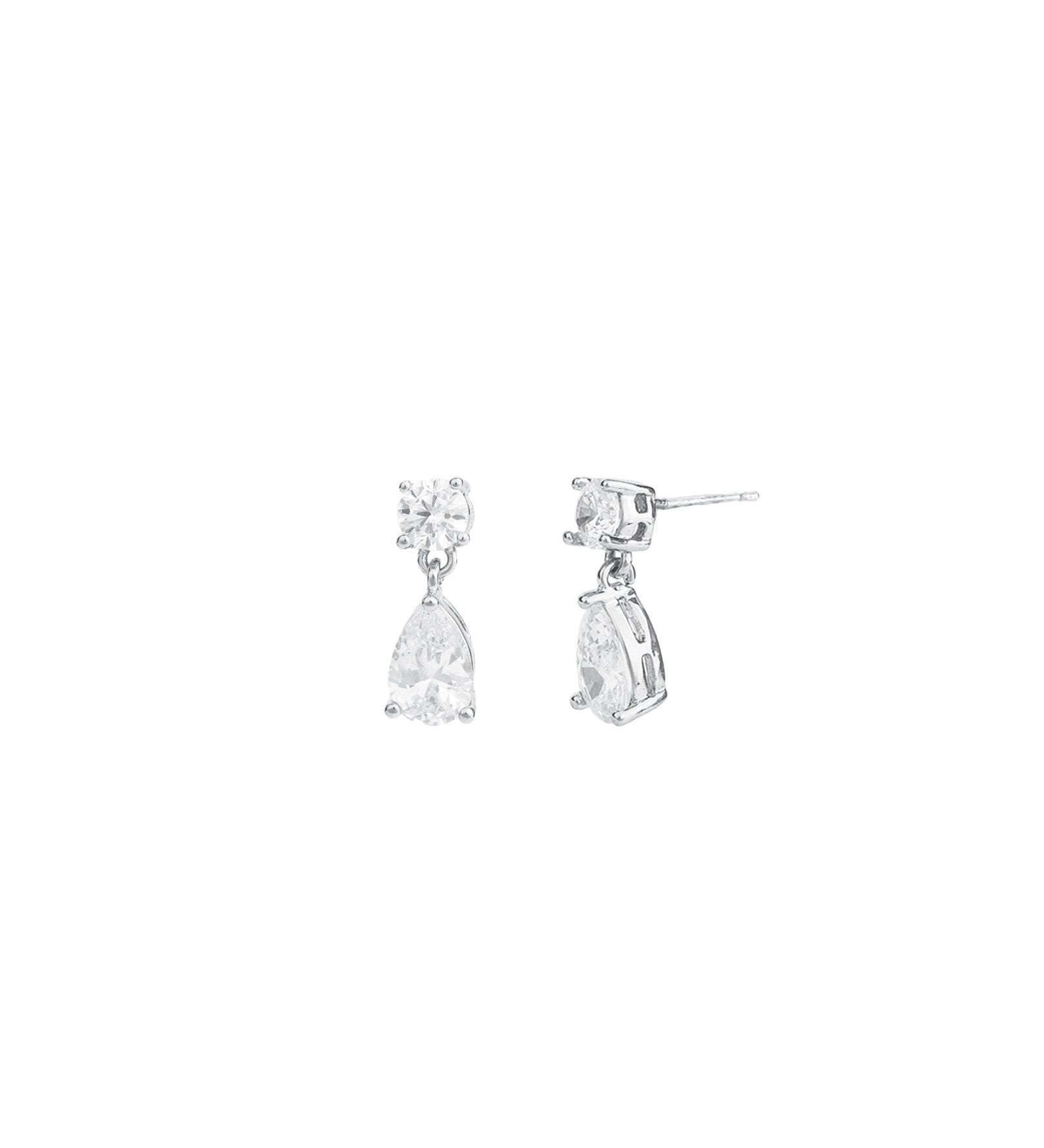 Small Round + Teardrop  Earrings Silver Plated, White Crystal