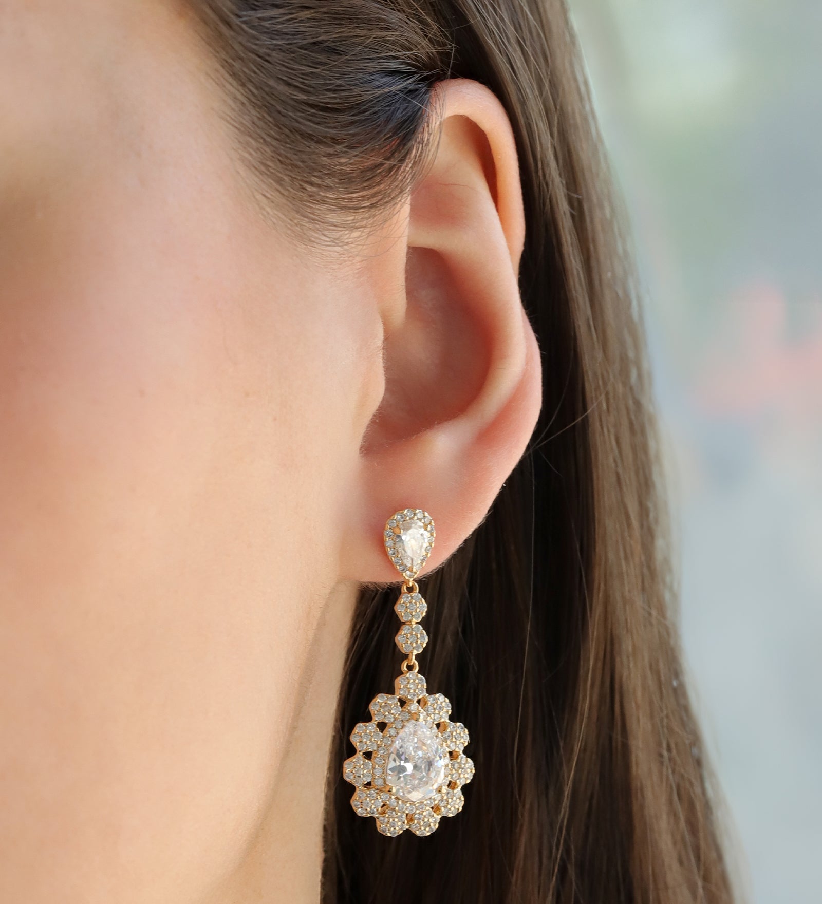 Teardrop Halo Flower Earrings Gold Plated, White Crystal
