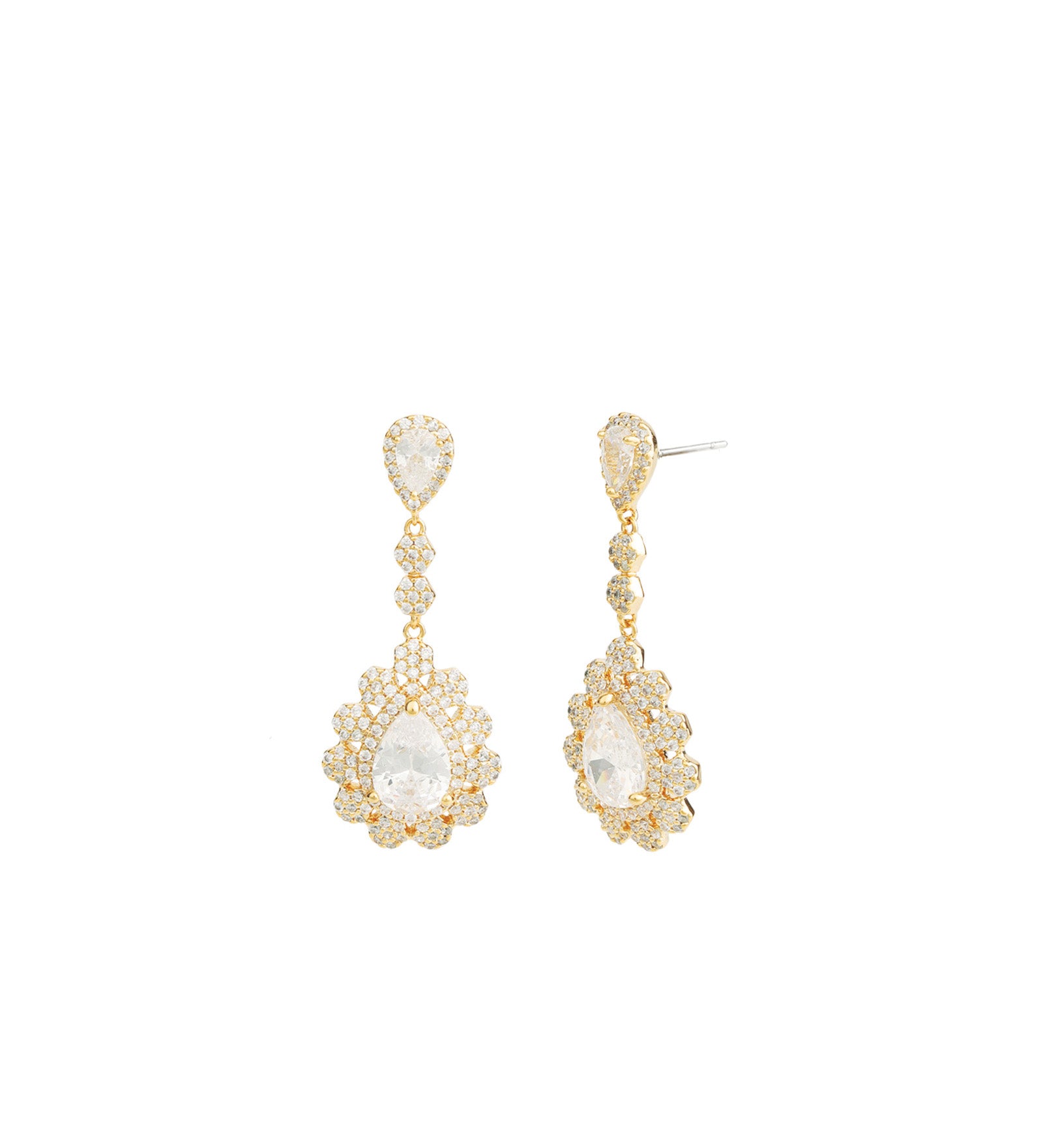 Teardrop Halo Flower Earrings Gold Plated, White Crystal