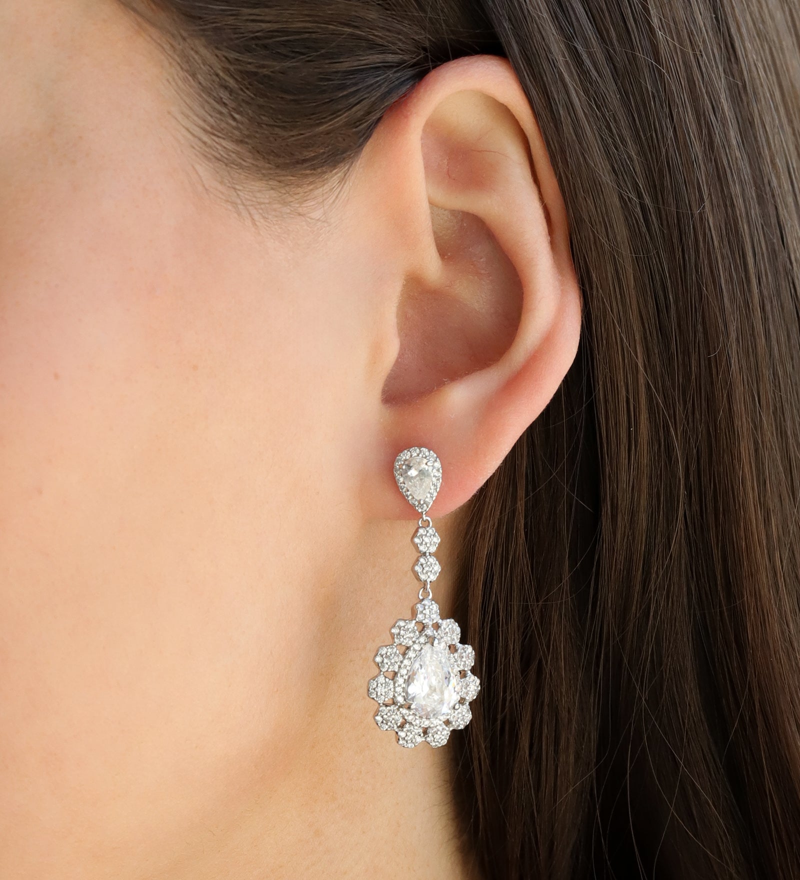 Teardrop Halo Flower Earrings Silver Plated, White Crystal