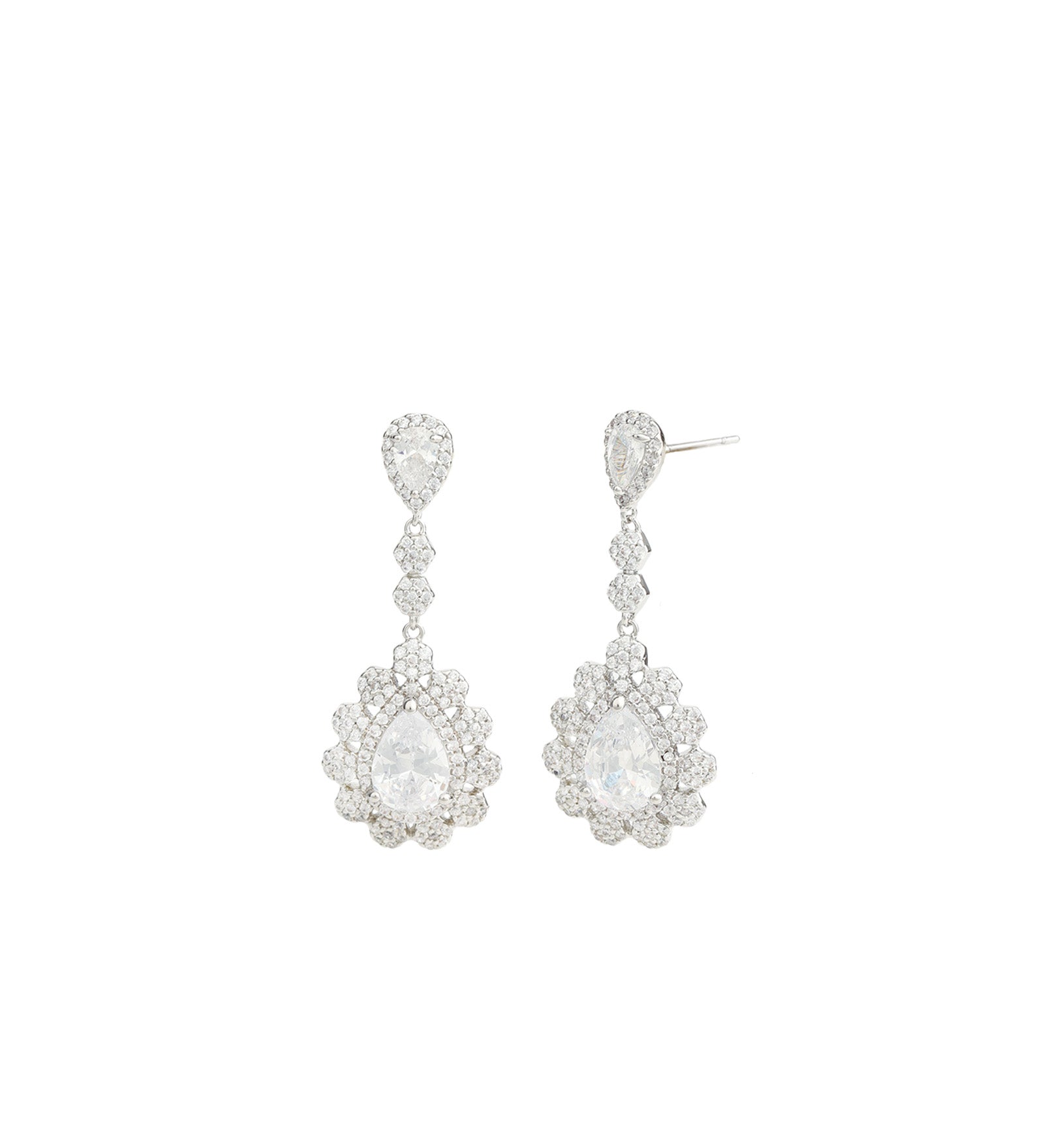 Teardrop Halo Flower Earrings Silver Plated, White Crystal