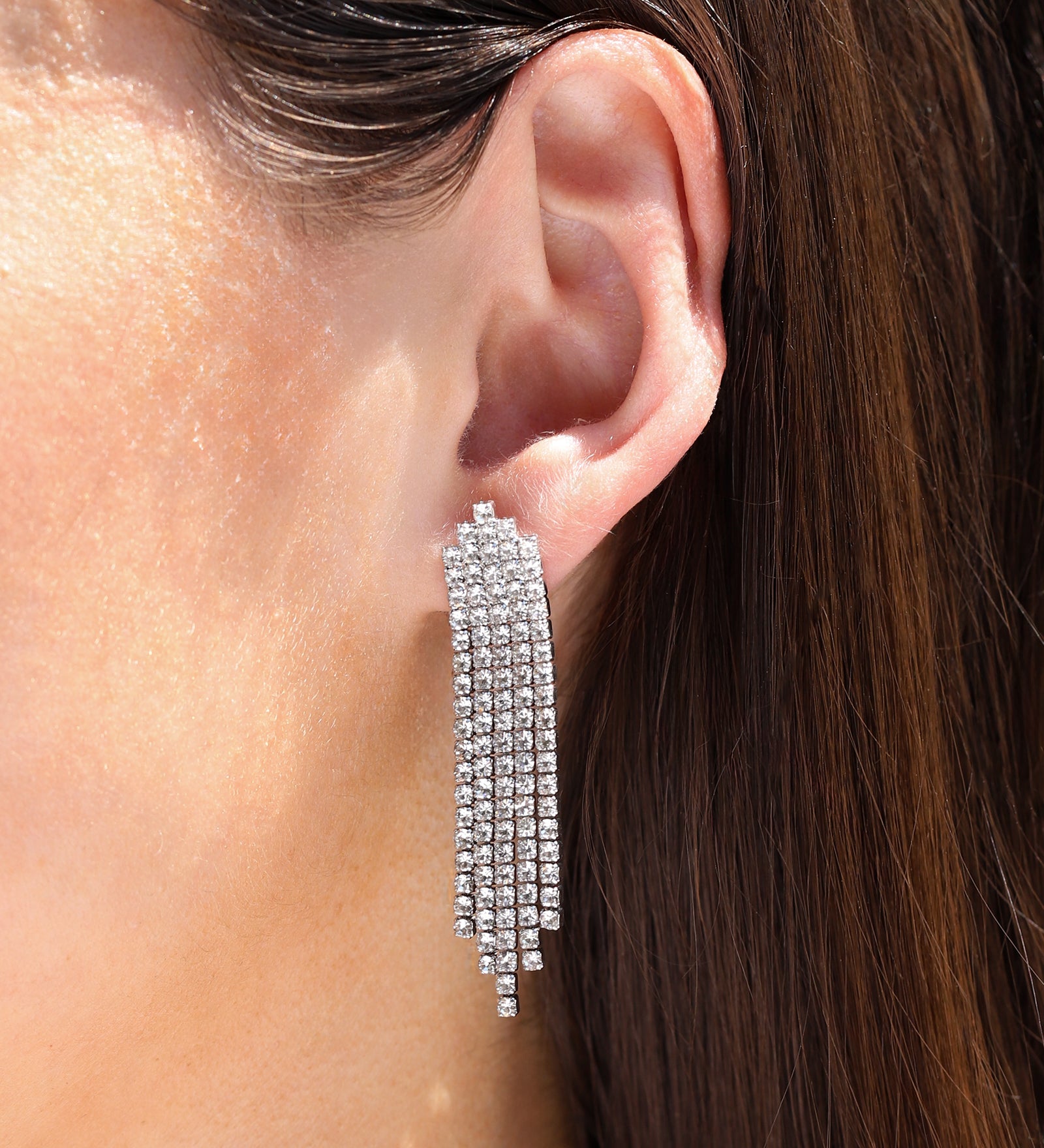 Crystal Waterfall Earrings Silver Plated, White Crystal