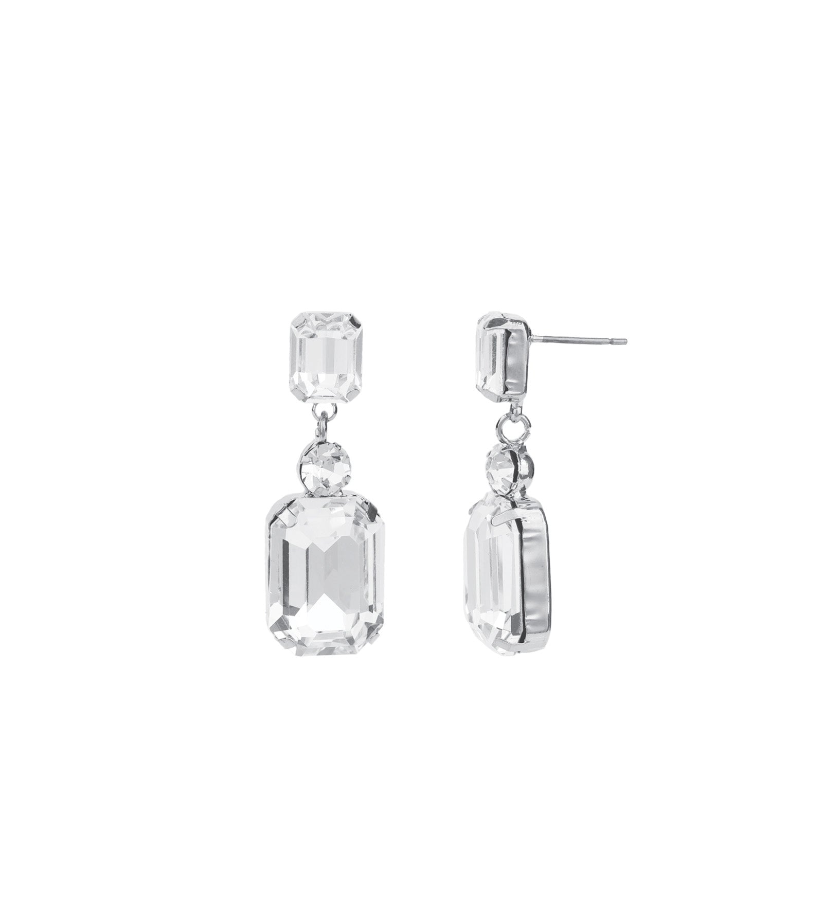 Emerald-Cut Crystal CZ Drop Earrings Silver Plated, White Crystal, Cubic Zirconia