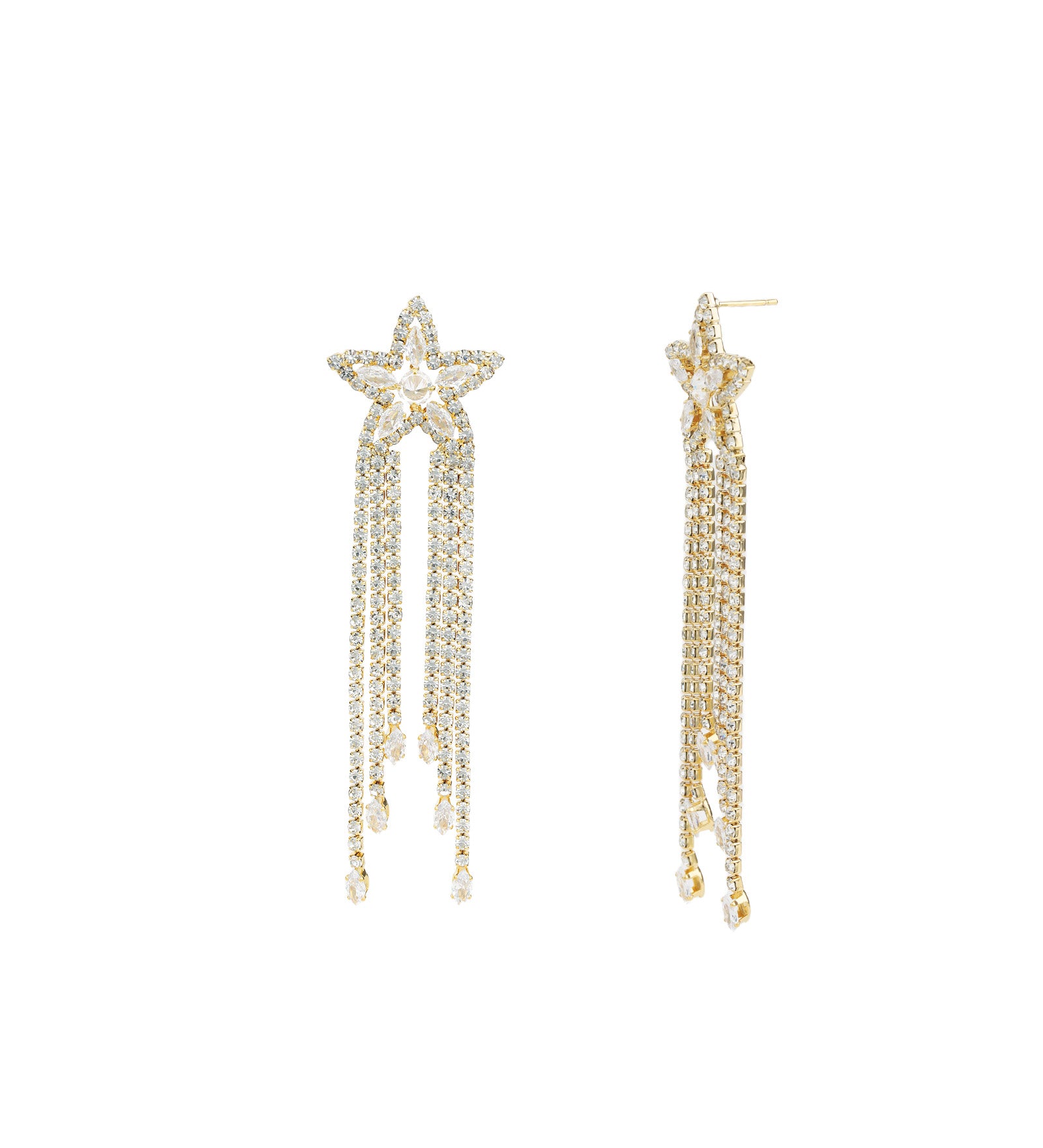 Star CZ Tassel Earrings Gold Plated, White Crystal, Cubic Zirconia