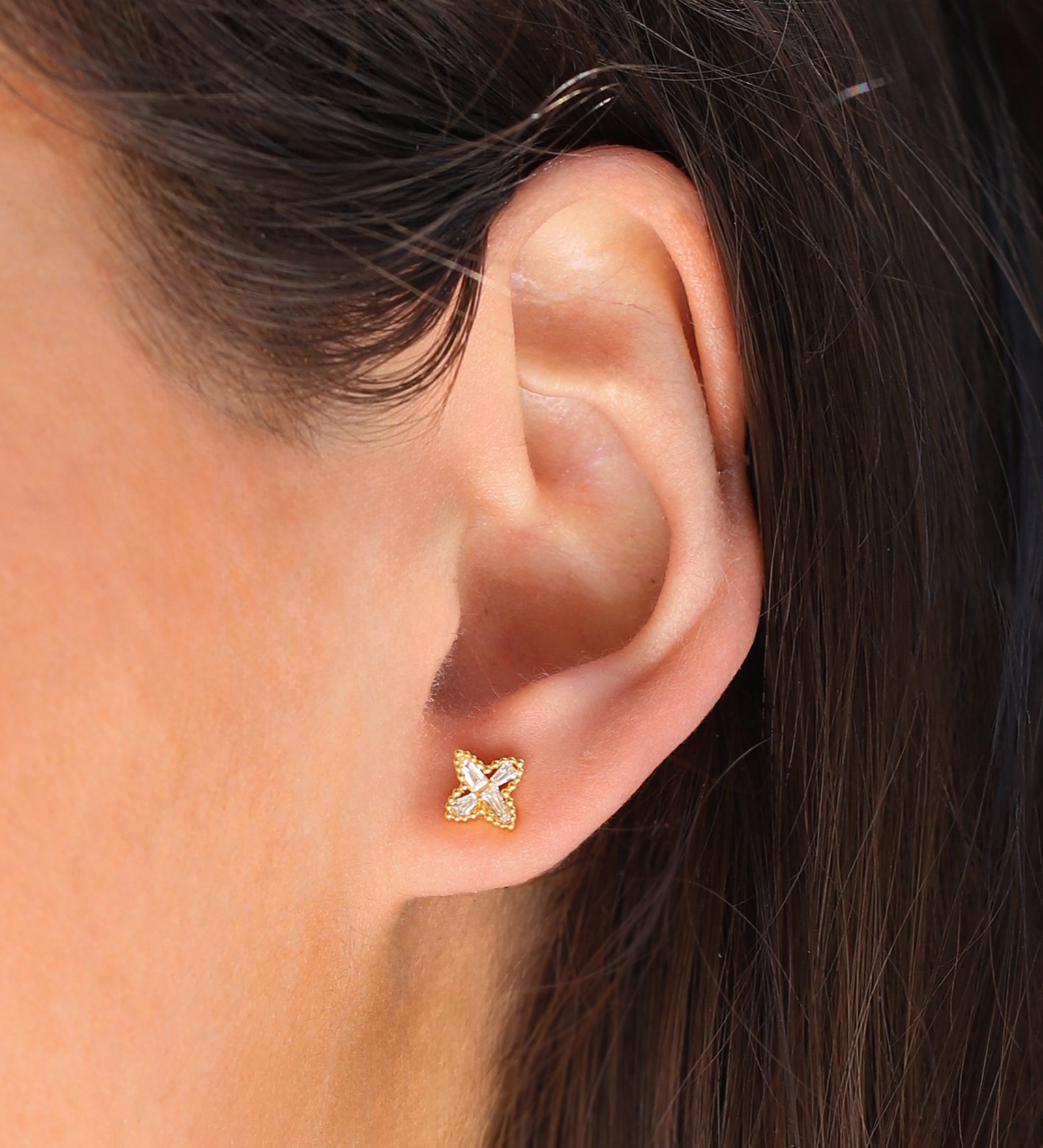 4 Petal Flower Baguette CZ Studs Gold Plated, Cubic Zirconia