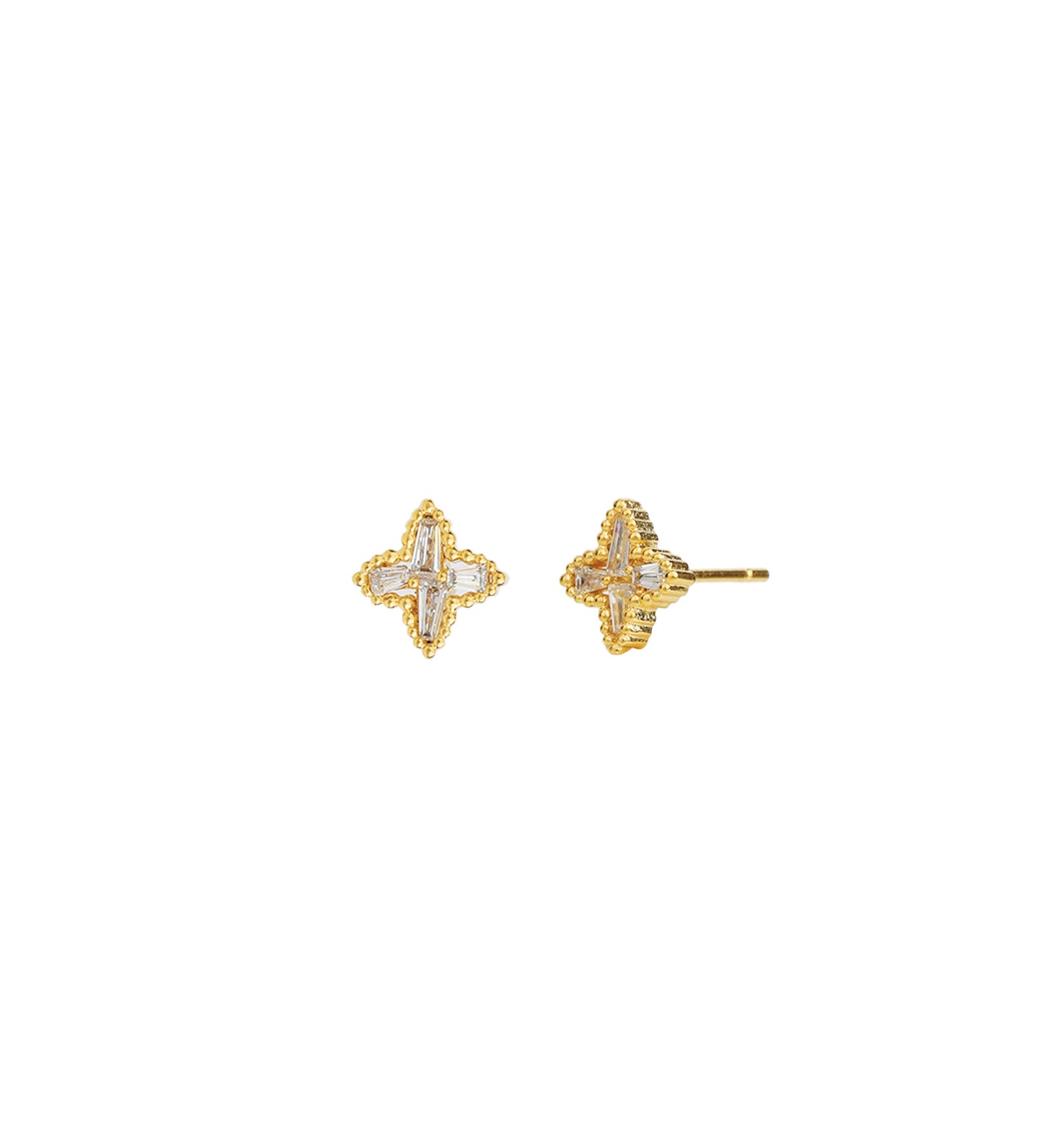 4 Petal Flower Baguette CZ Studs Gold Plated, Cubic Zirconia