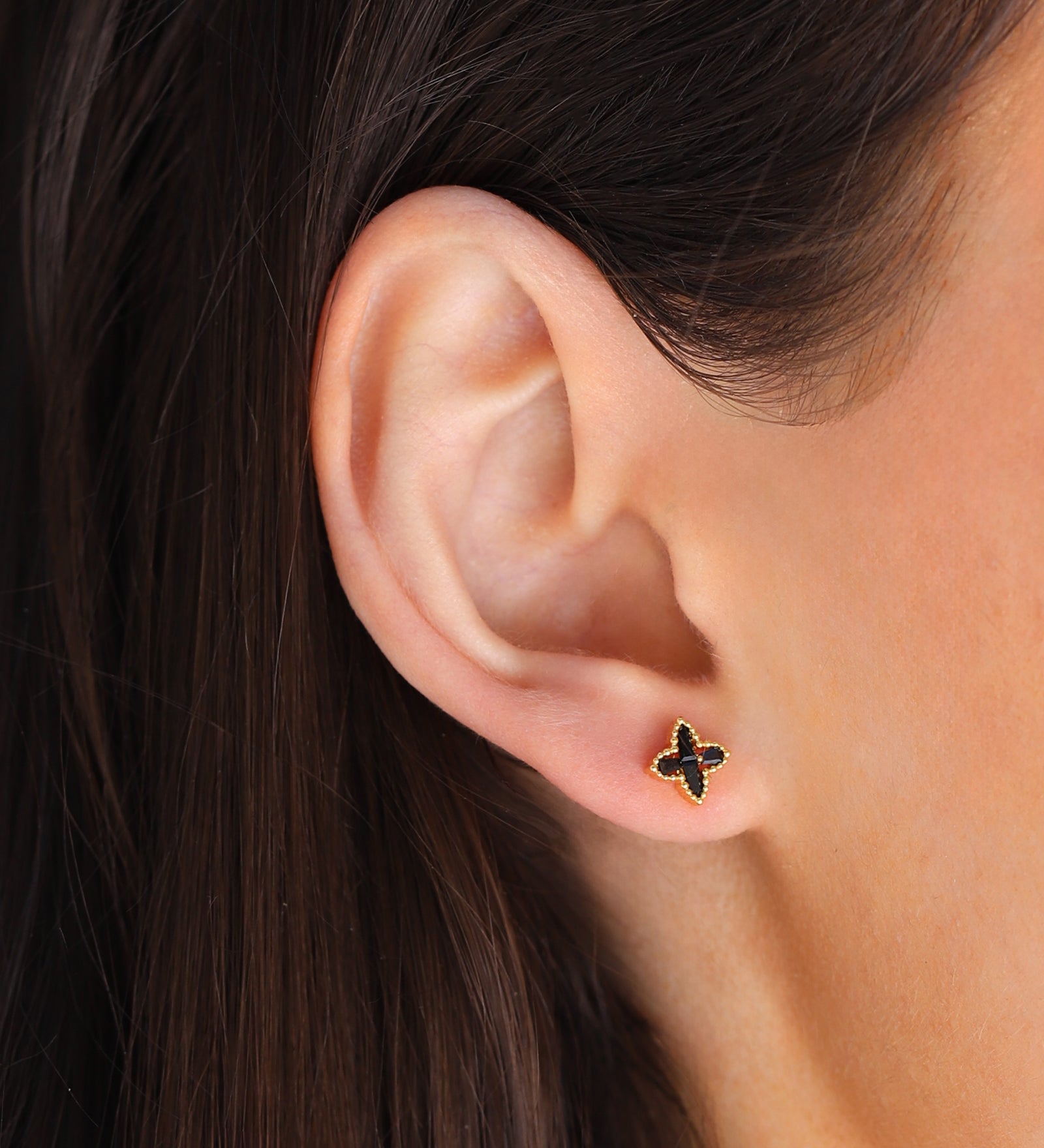 4 Petal Flower Baguette CZ Studs Gold Plated, Jet Black Cubic Zirconia