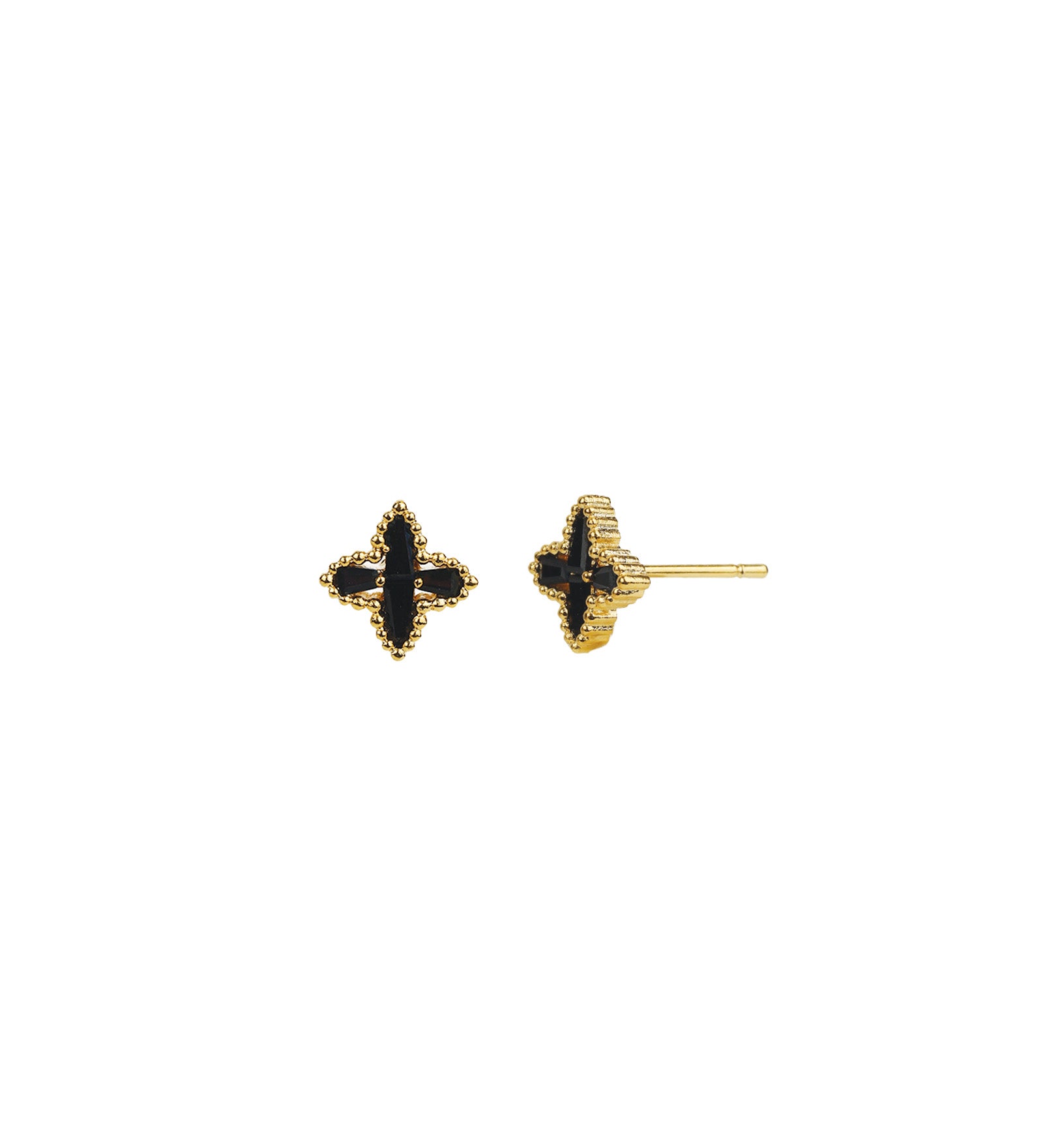 4 Petal Flower Baguette CZ Studs Gold Plated, Jet Black Cubic Zirconia