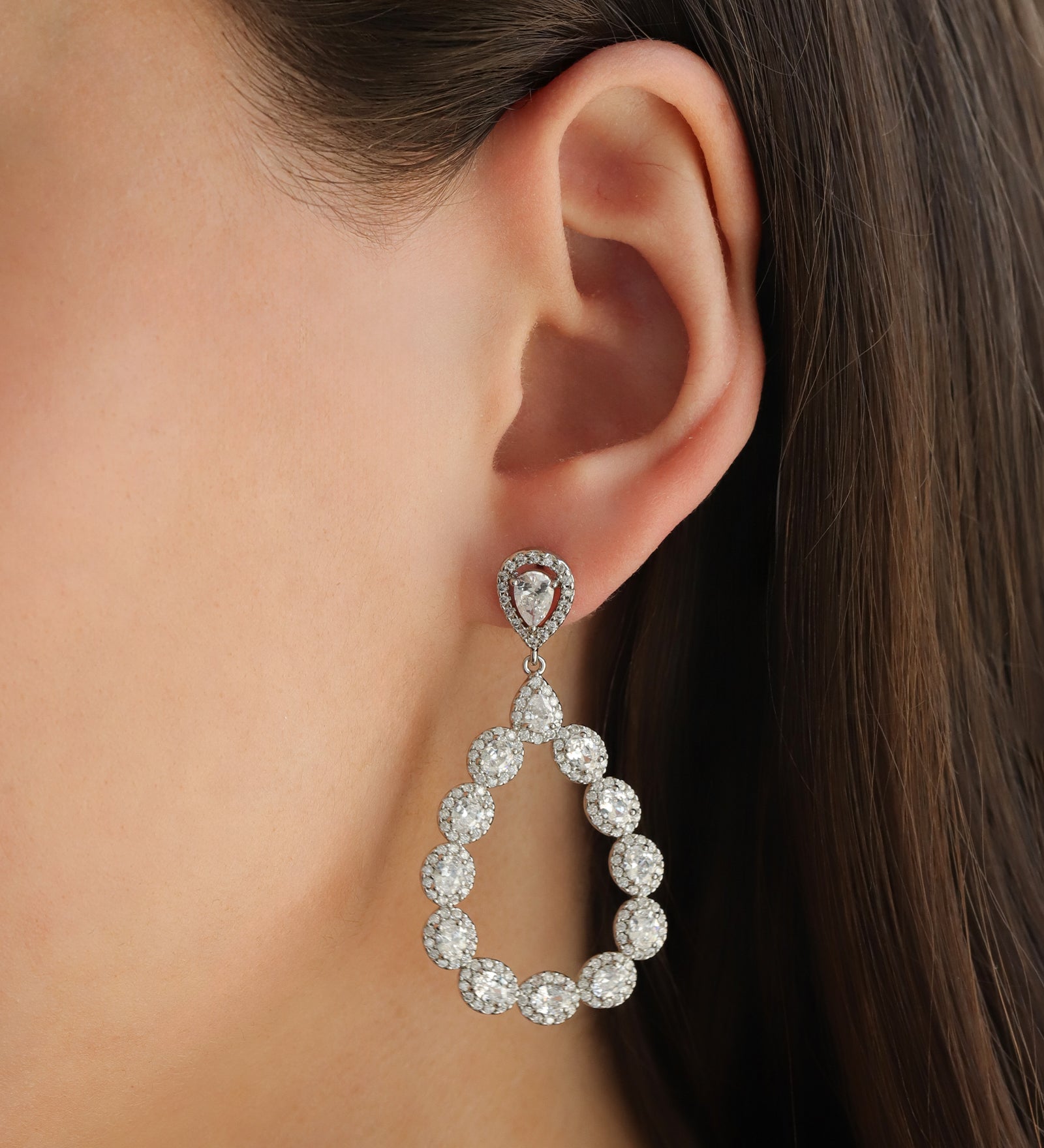 Open Teardrop CZ Earrings Silver Plated, Cubic Zirconia