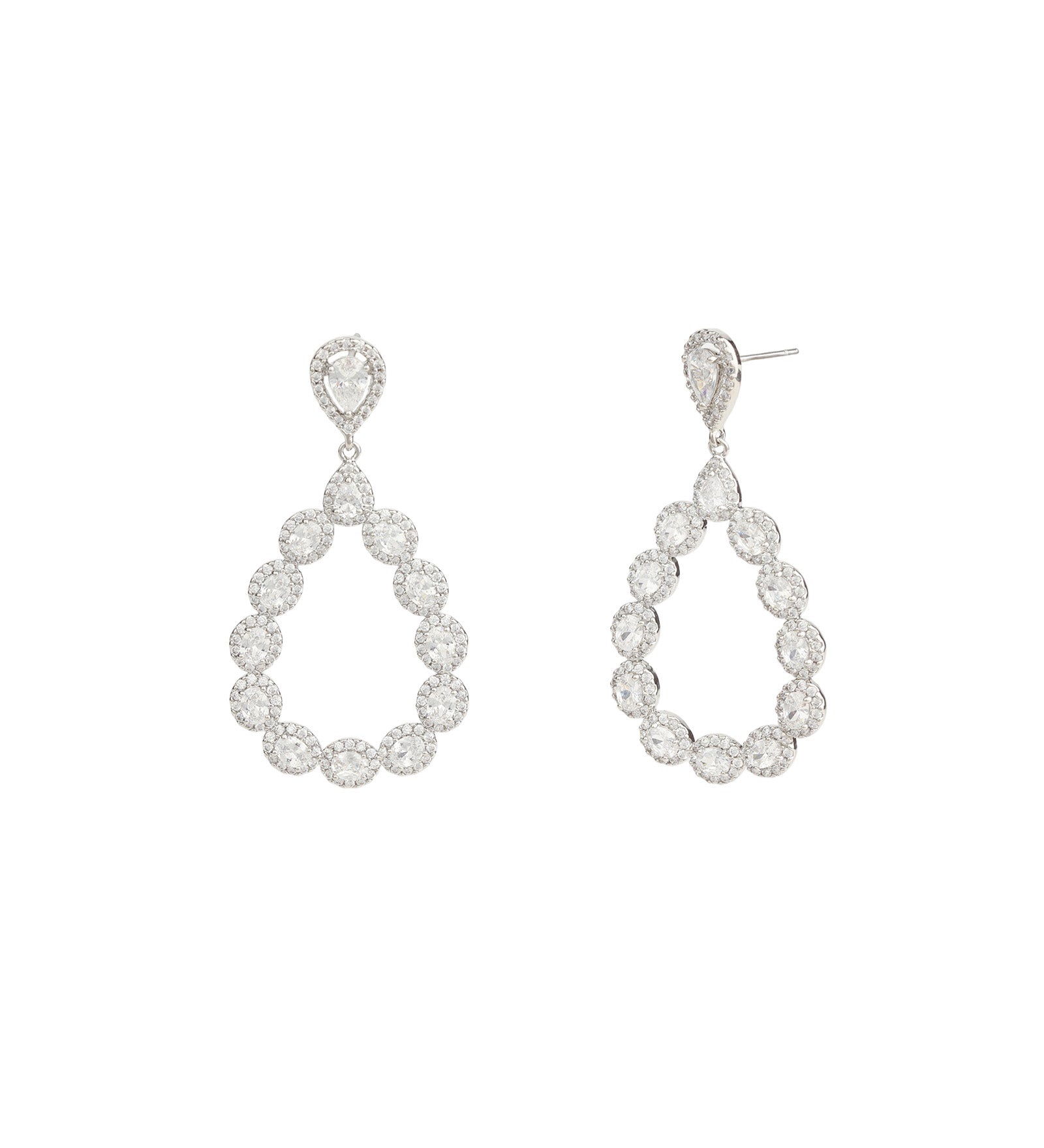 Open Teardrop CZ Earrings Silver Plated, Cubic Zirconia