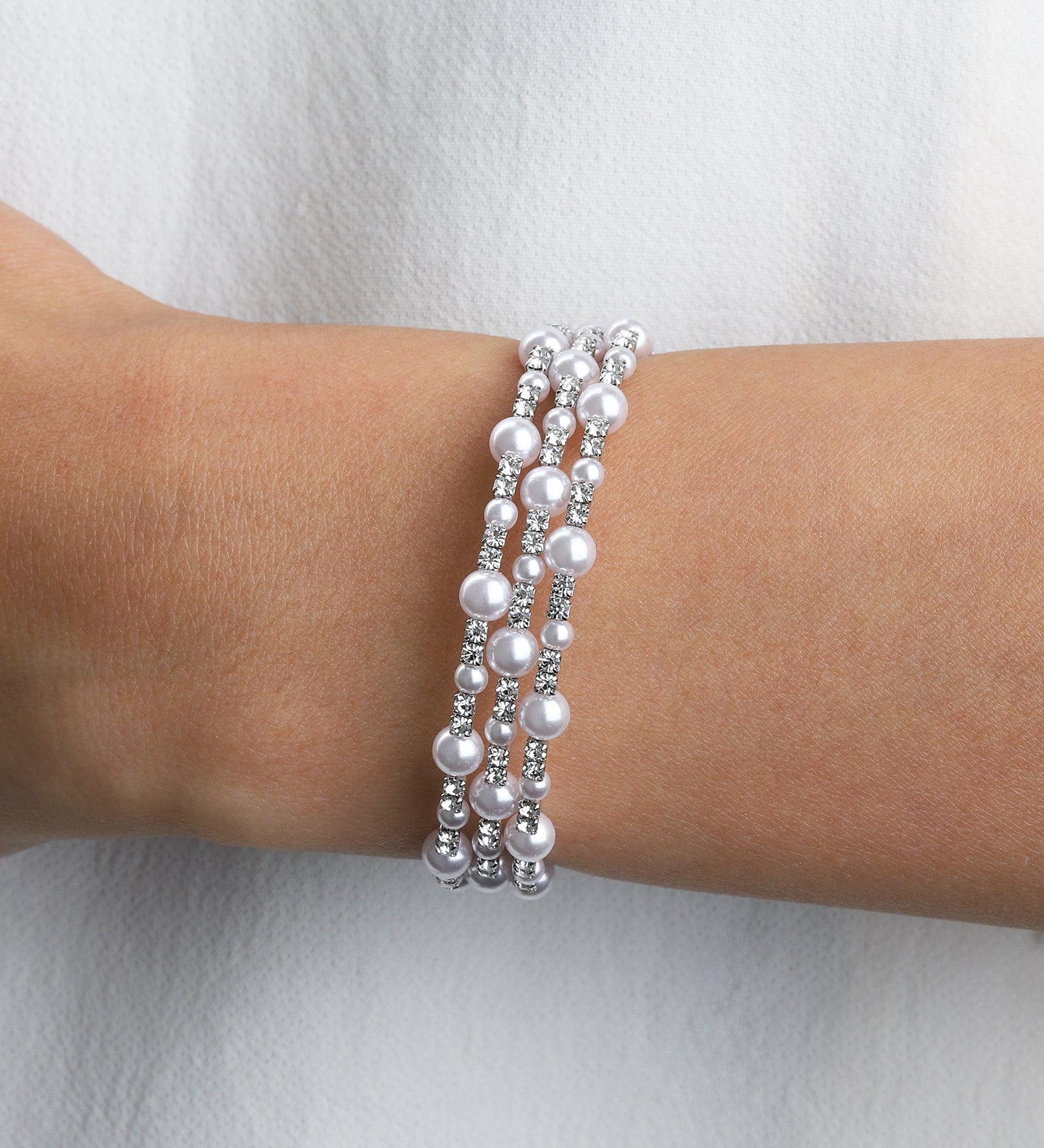 3 Coil Pearl Crystal Cuff Silver Plated, White Crystal, White Pearl