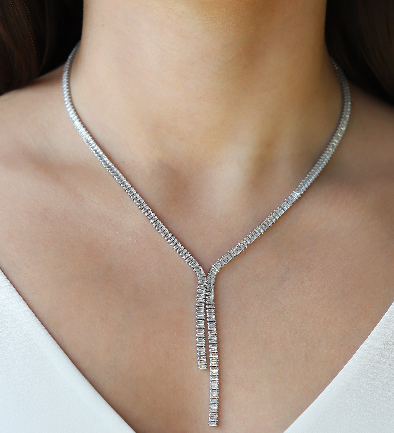Baguette CZ Lariat Silver Plated, Cubic Zirconia