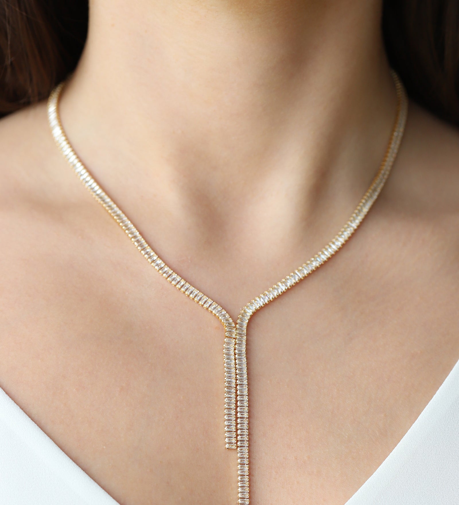 Baguette CZ Lariat Gold Plated, Cubic Zirconia