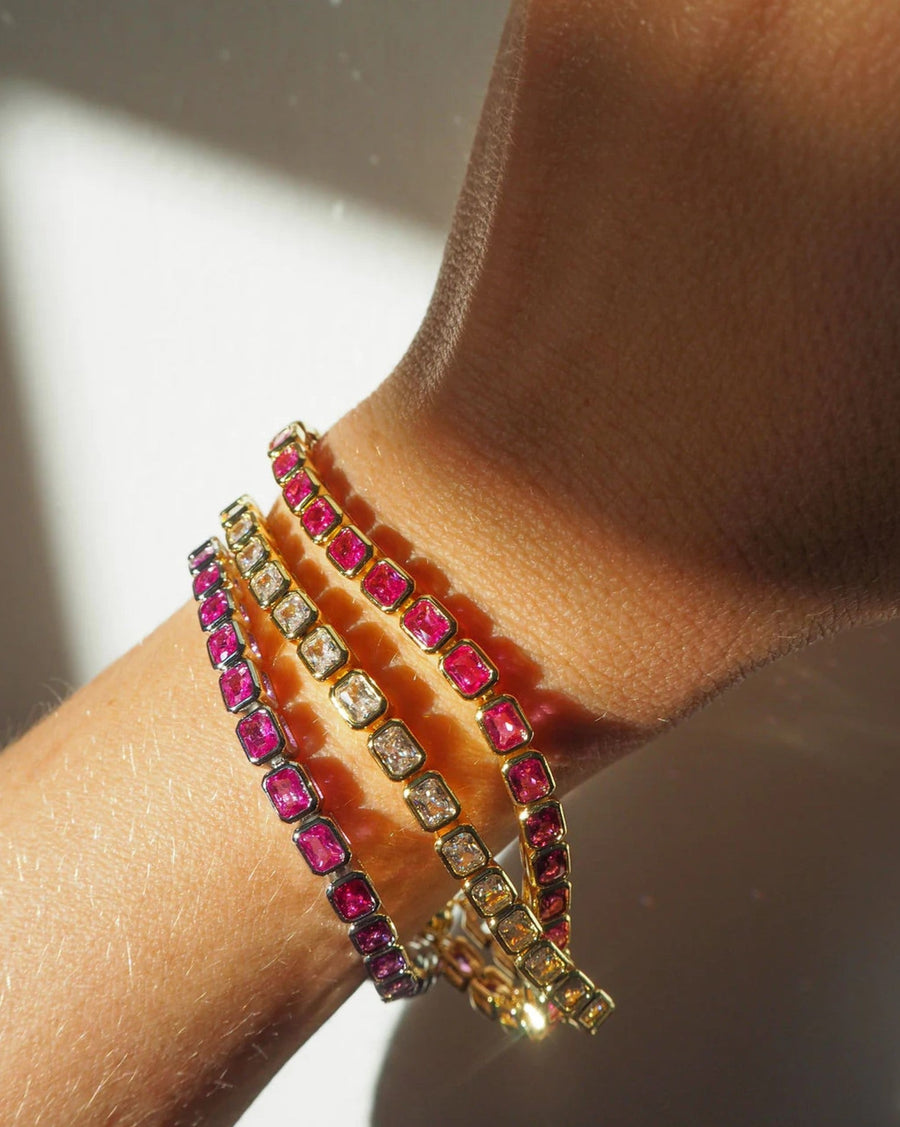 Luv AJ-Bezel Emerald Ballier Bracelet-Bracelets-14k Gold Plated, Pink Cubic Zirconia-Blue Ruby Jewellery-Vancouver Canada