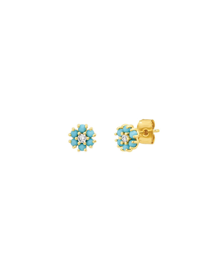 Tai-CZ Flower Studs-Earrings-Gold Plated, Turquoise Cubic Zerconia-Blue Ruby Jewellery-Vancouver Canada