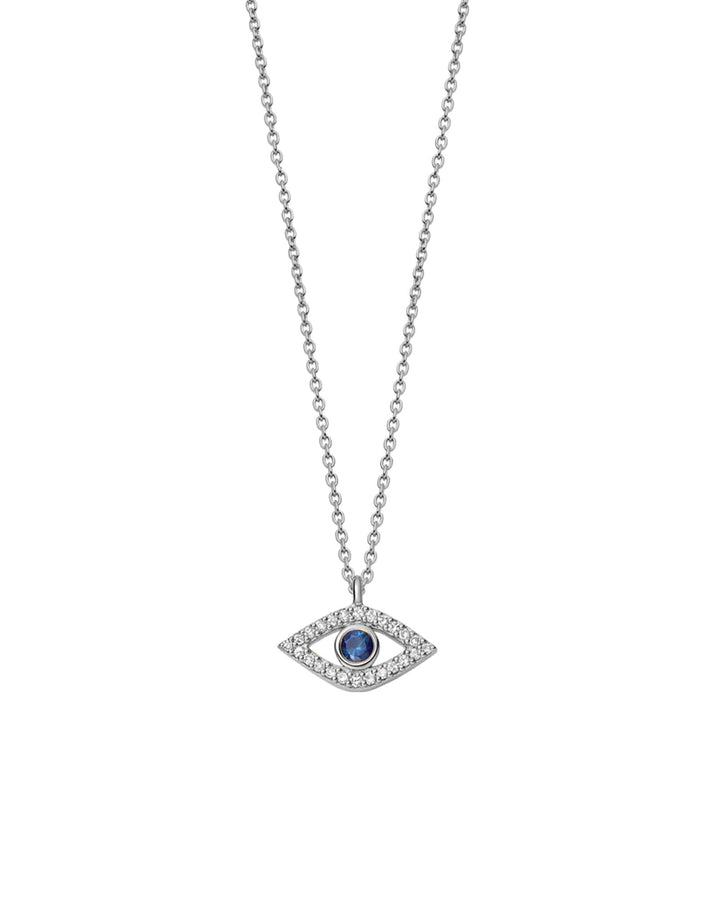 Quiet Icon-Evil Eye CZ Necklace-Necklaces-Rhodium Plated Sterling Silver, White Cubic Zirconia, Blue Cubic Zirconia-Blue Ruby Jewellery-Vancouver Canada