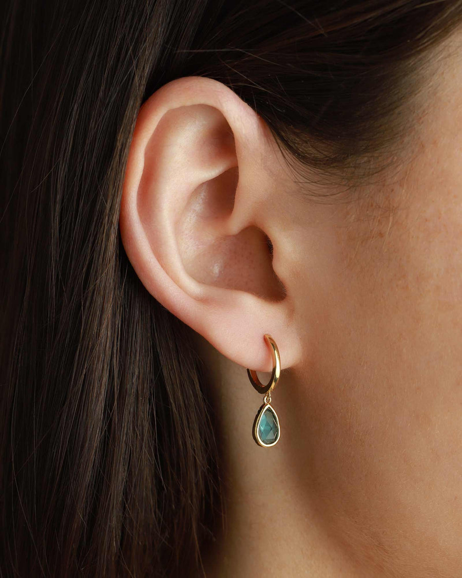 Tai-Glass Teardrop Charm Huggies-Earrings-Gold Plated, Aqua Glass-Blue Ruby Jewellery-Vancouver Canada