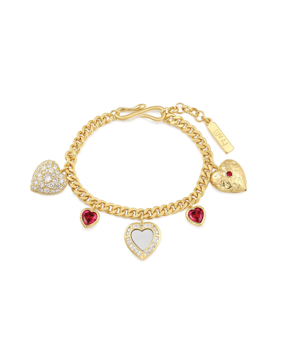 Luv AJ-Hanging Hearts Charm Bracelet-Bracelets-14k Gold Plated, Cubic Zirconia-Blue Ruby Jewellery-Vancouver Canada